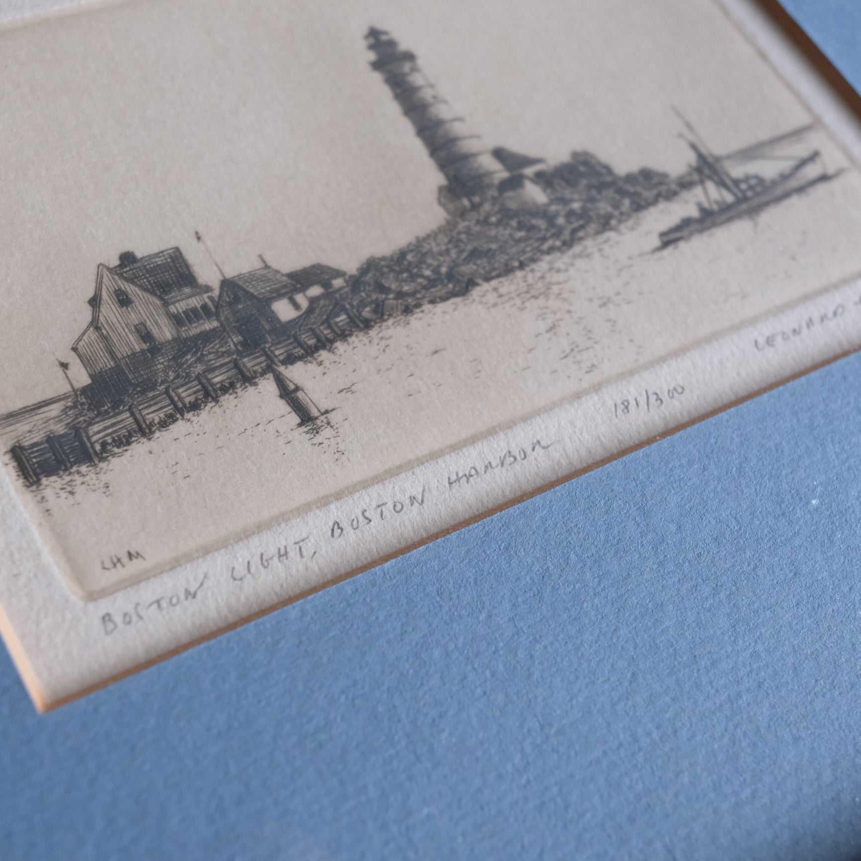 Vintage Matted Lighthouse Black and White Etching Print by Leonard H. Mersky Blue and Gold