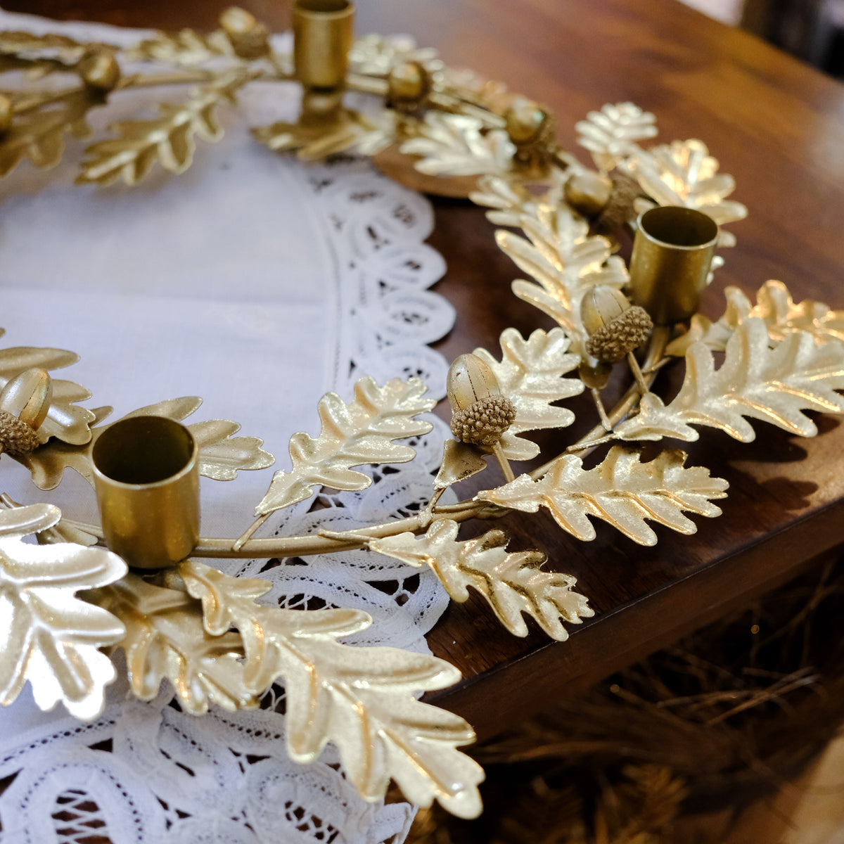Oak Candle Wreath Metal Gold Finish