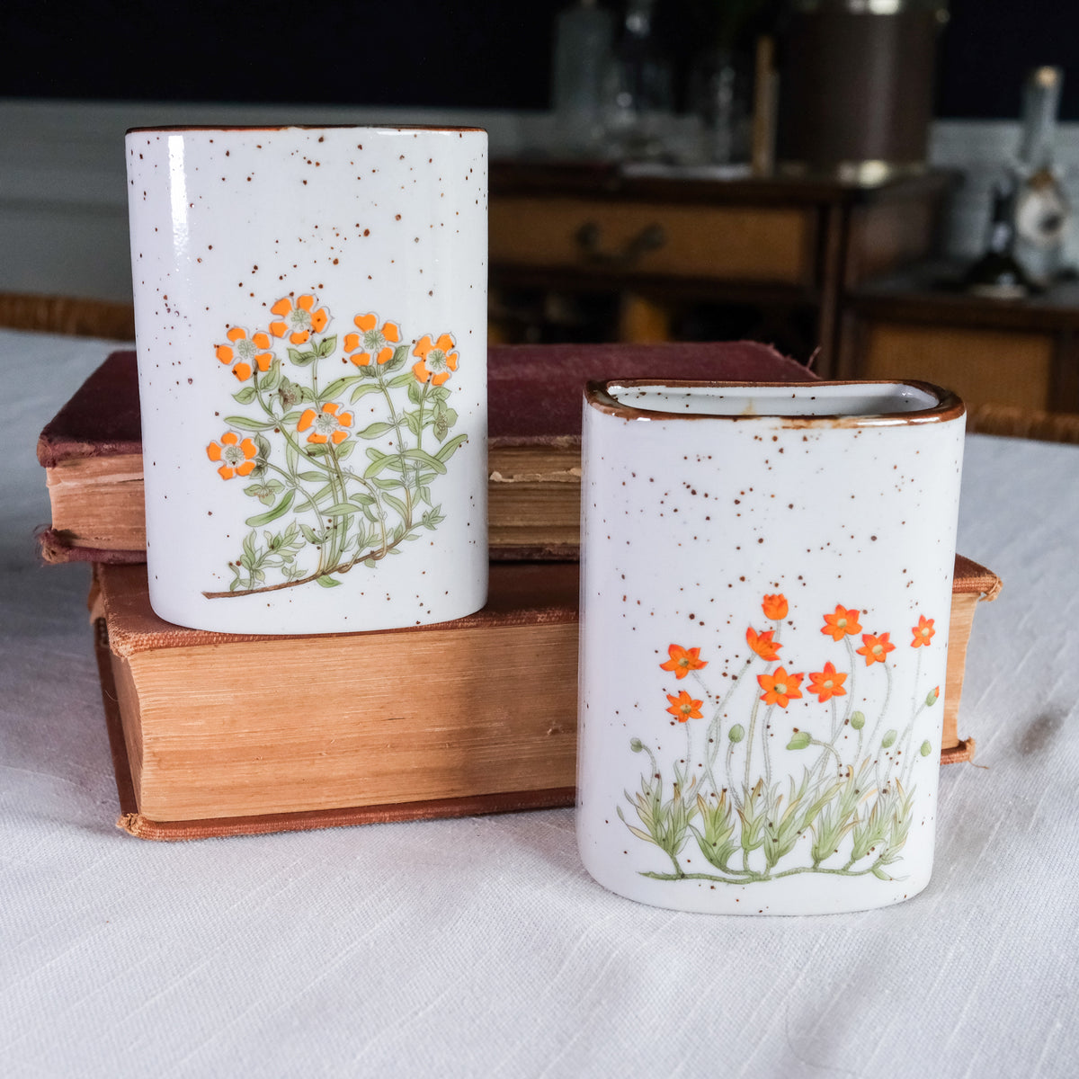 Takahashi Crafted in Japan Speckled Pottery Citrus Wildflower Petite Wall Vases - Set of 2