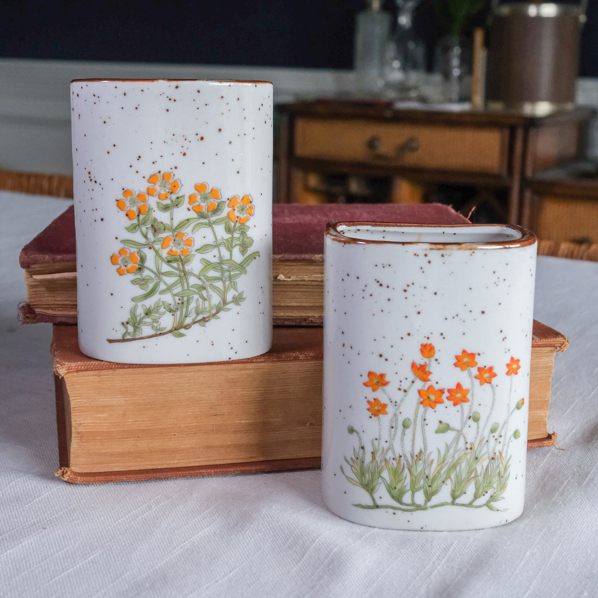 Takahashi Crafted in Japan Speckled Pottery Citrus Wildflower Petite Wall Vases - Set of 2