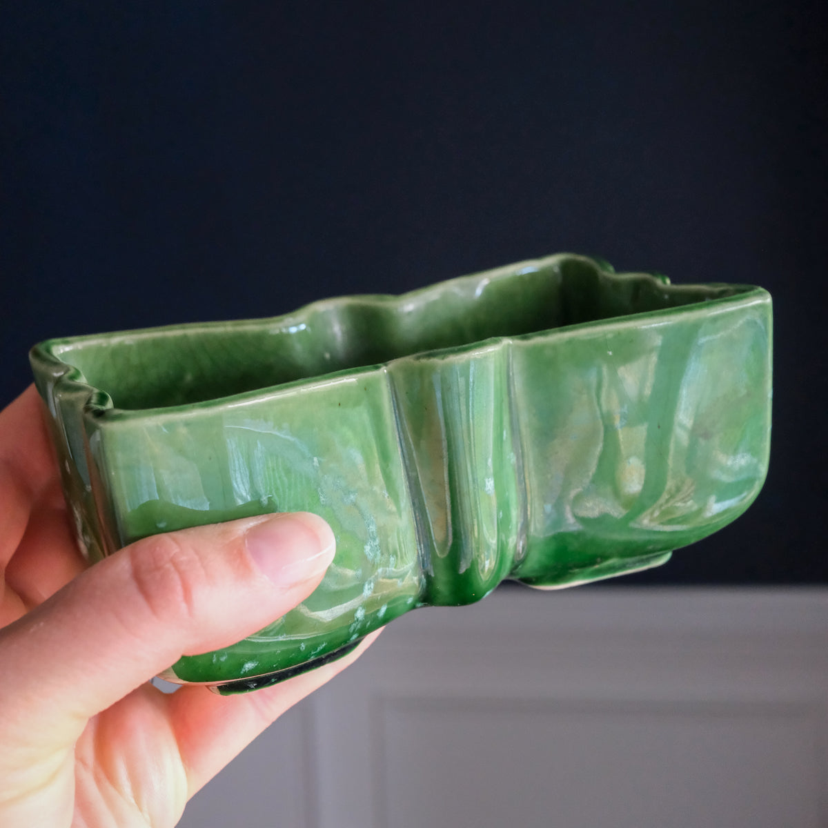 Vintage 1950s UPCO Pine Forest Green Petite Glazed Ceramic Planter Butterfly Shape