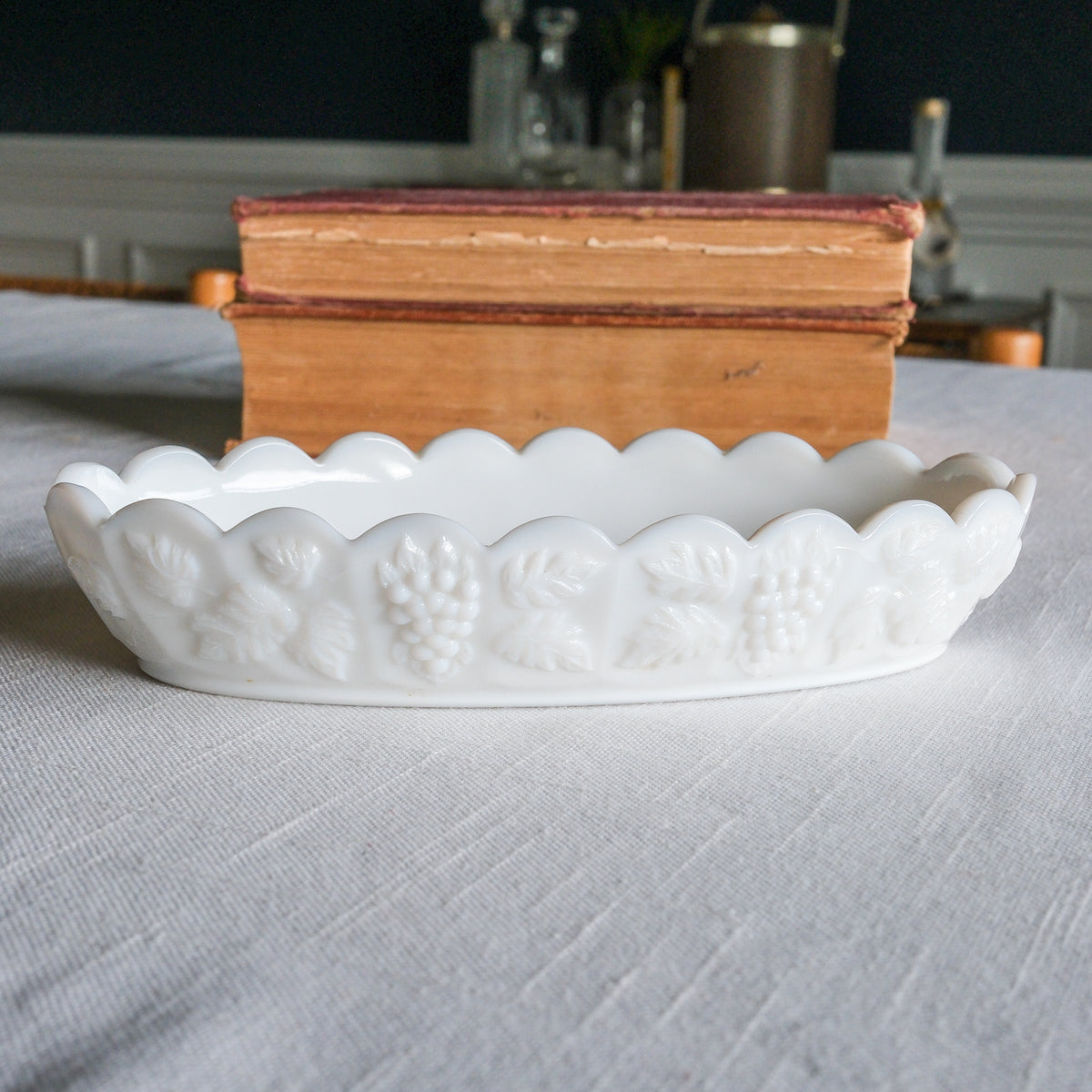 Vintage Westmoreland Milk Glass Oval Dish Embossed Grape & Leaf Pattern Scalloped Rim