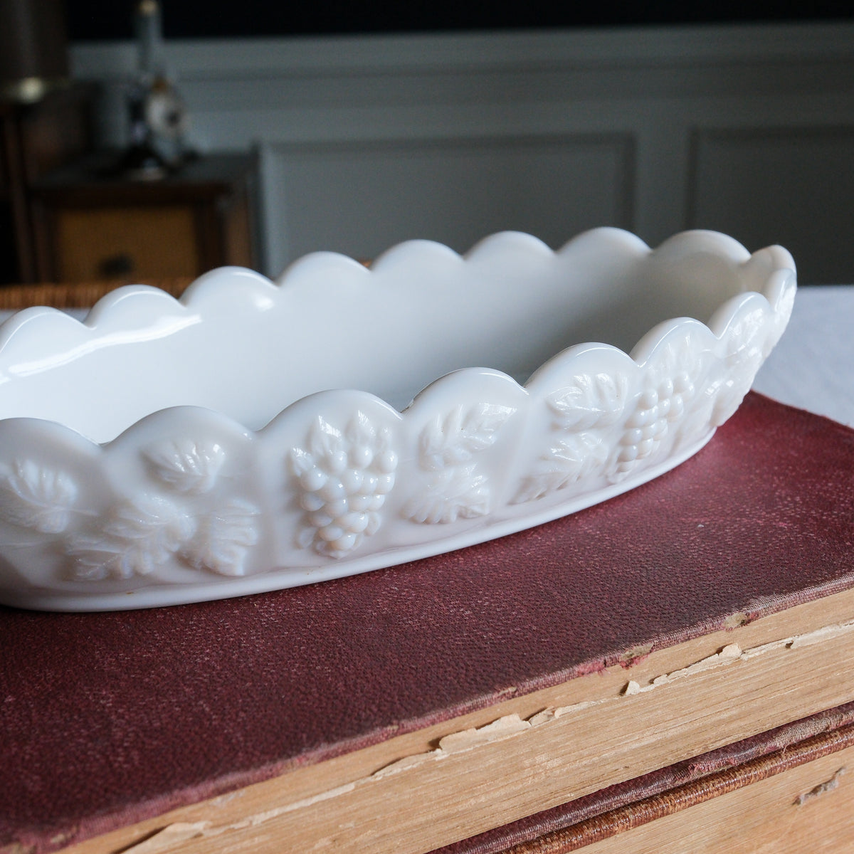 Vintage Westmoreland Milk Glass Oval Dish Embossed Grape & Leaf Pattern Scalloped Rim