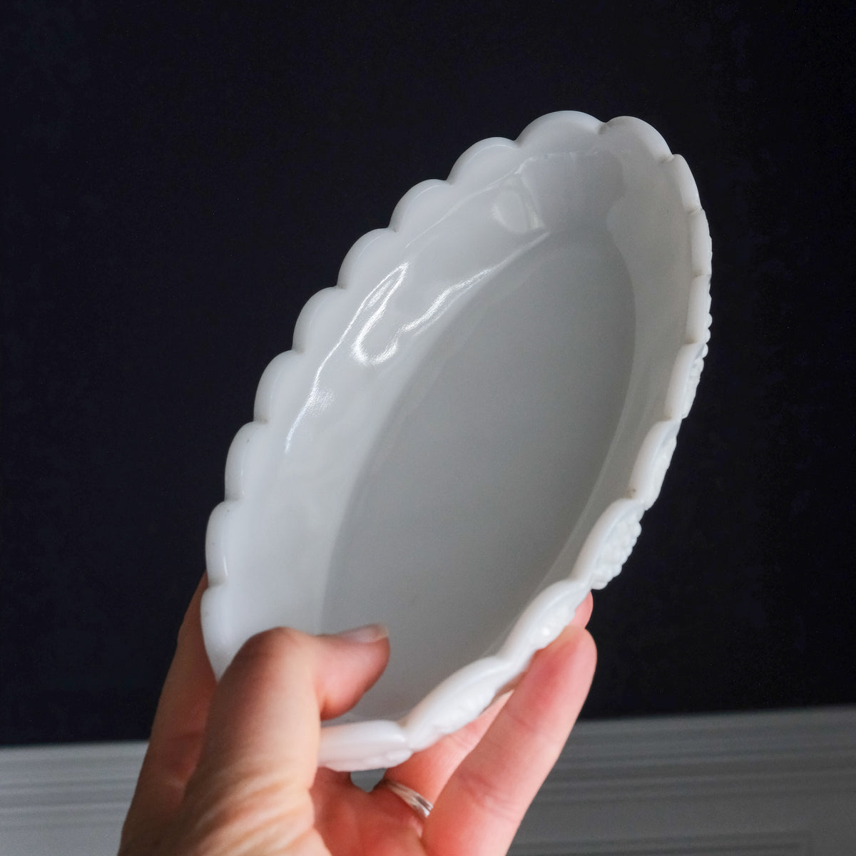 Vintage Westmoreland Milk Glass Oval Dish Embossed Grape & Leaf Pattern Scalloped Rim