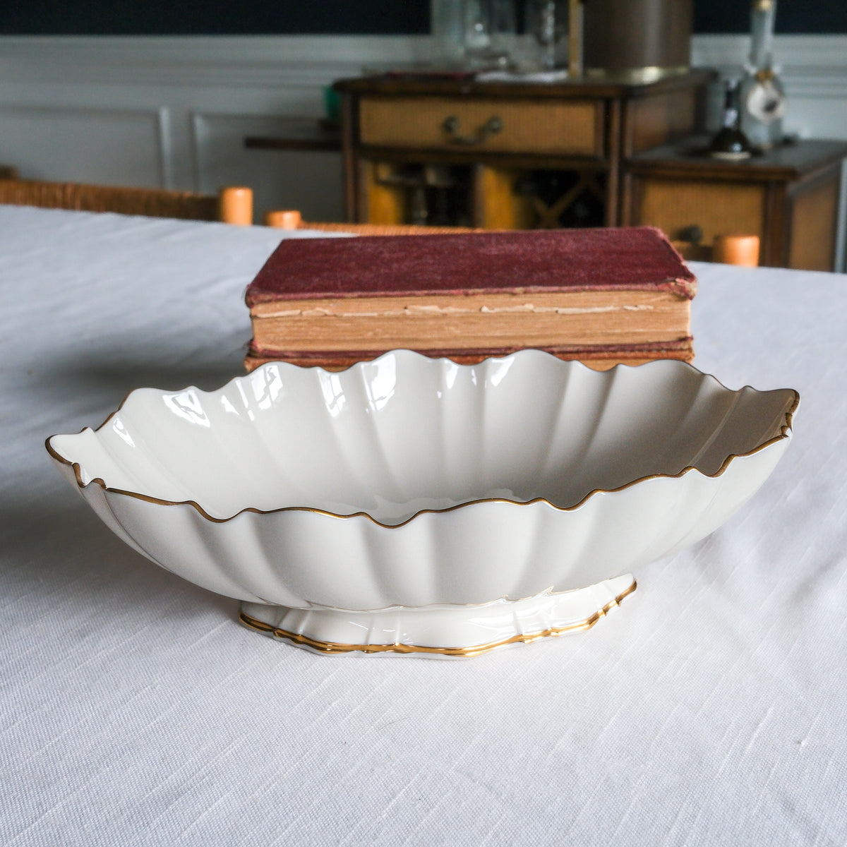 Lenox Fine China Cream Gold Edged Fluted Symphony Oval Footed Centerpiece Bowl