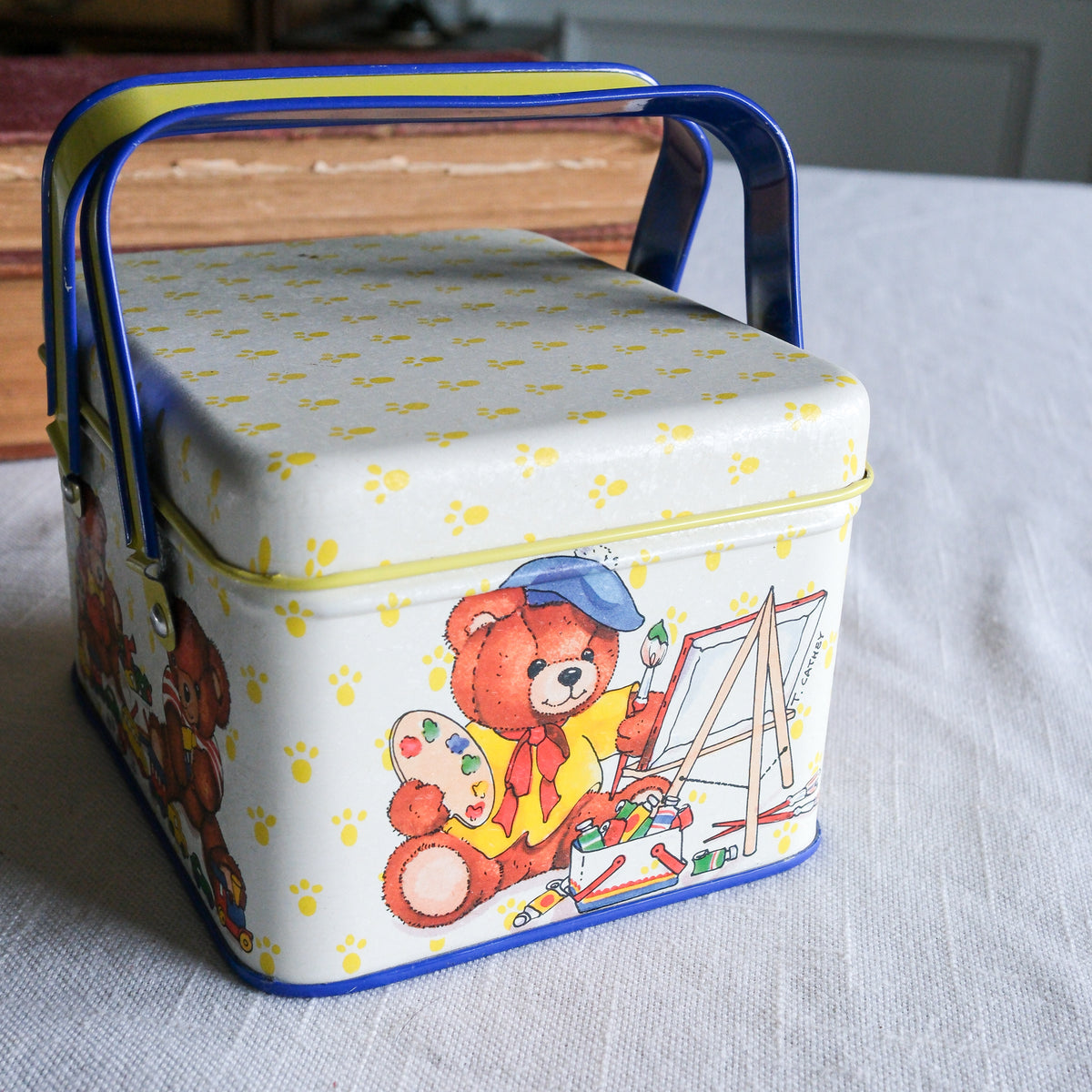 Beary Precious Potpourri Press Children's Tin Box Dual Yellow & Blue Teddy Bear Illustration