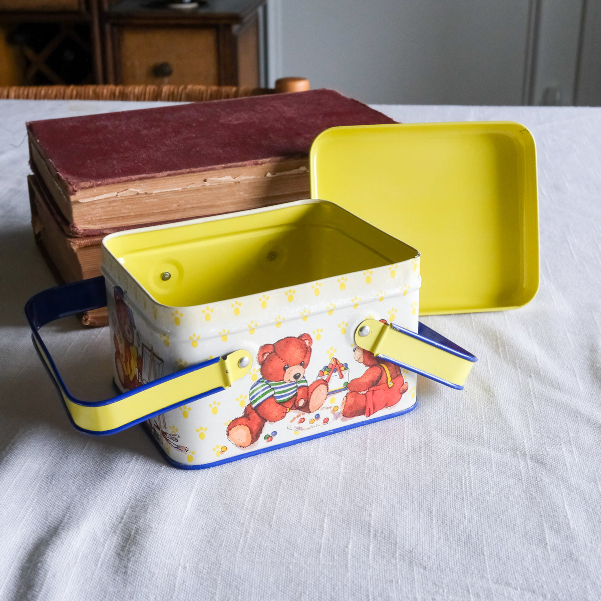 Beary Precious Potpourri Press Children's Tin Box Dual Yellow & Blue Teddy Bear Illustration