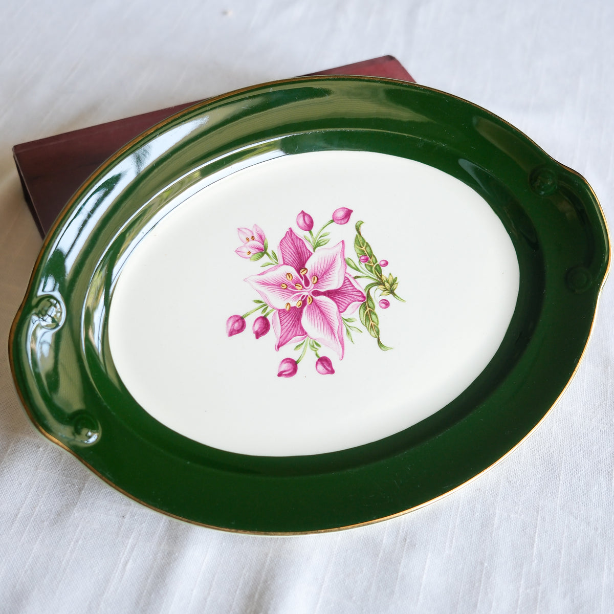 Vintage "Appalachian Heirloom" Oval Serving Platter Hunter Green Gold Edged Bonnie Pattern - Taylor, Smith, & Taylor Pottery Company 11.5x8.5