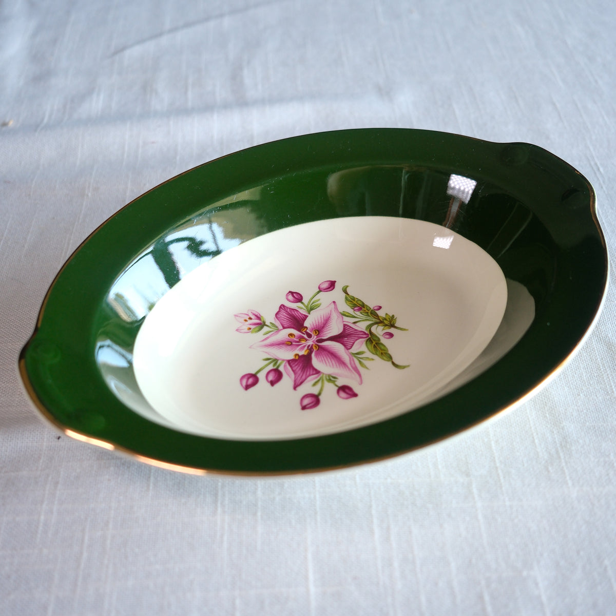 Vintage "Appalachian Heirloom" Oval Serving Bowl Hunter Green Gold Edged Bonnie Pattern - Taylor, Smith, & Taylor Pottery Company 9.5x7