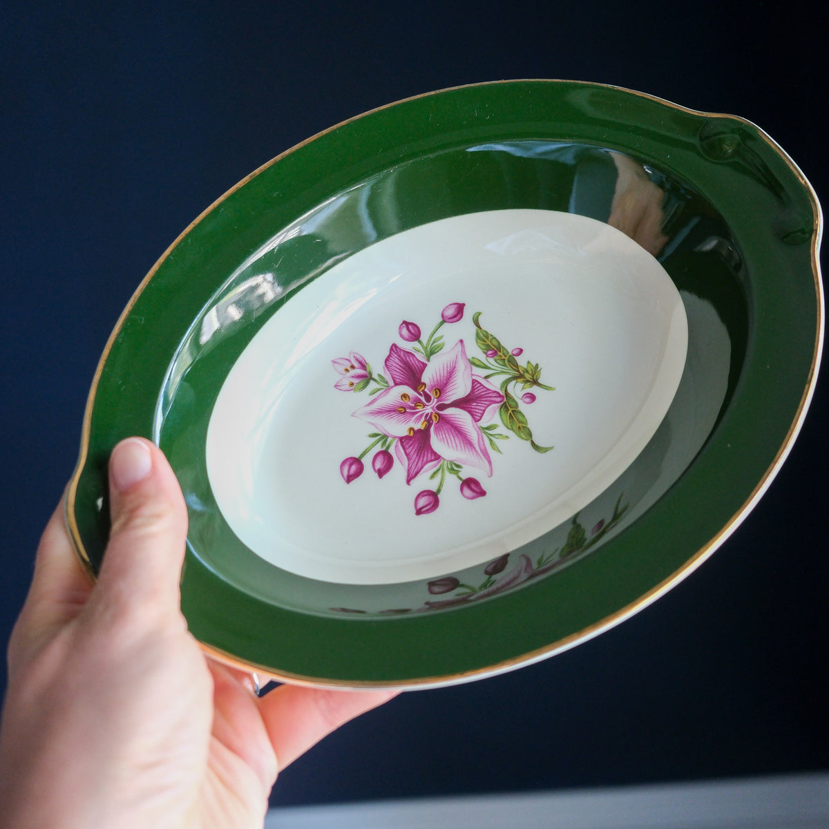 Vintage "Appalachian Heirloom" Oval Serving Bowl Hunter Green Gold Edged Bonnie Pattern - Taylor, Smith, & Taylor Pottery Company 9.5x7