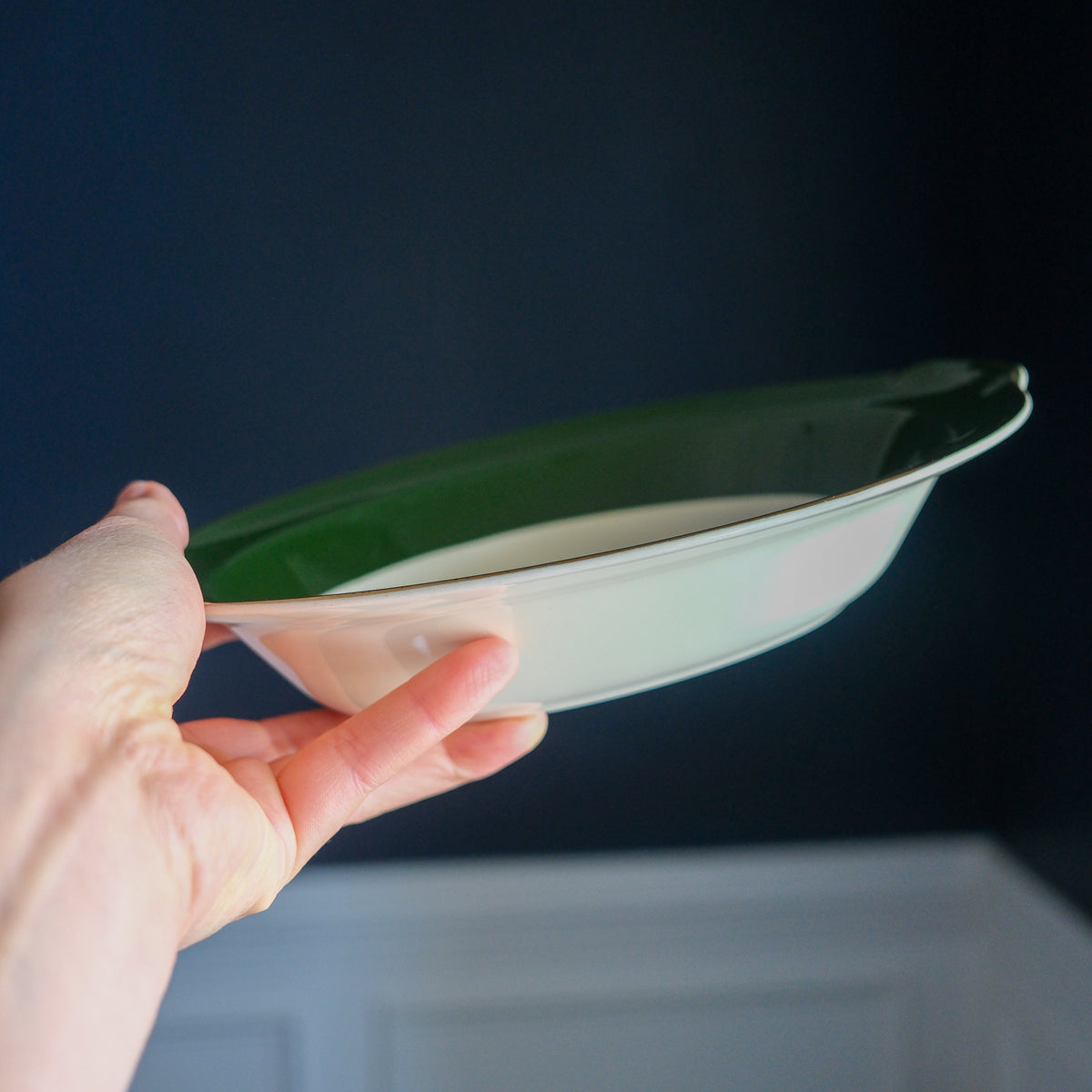 Vintage "Appalachian Heirloom" Oval Serving Bowl Hunter Green Gold Edged Bonnie Pattern - Taylor, Smith, & Taylor Pottery Company 9.5x7