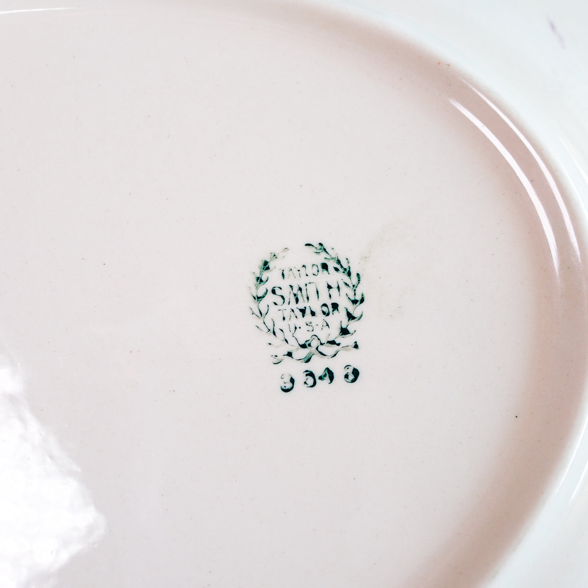 Vintage "Appalachian Heirloom" Oval Serving Bowl Hunter Green Gold Edged Bonnie Pattern - Taylor, Smith, & Taylor Pottery Company 9.5x7