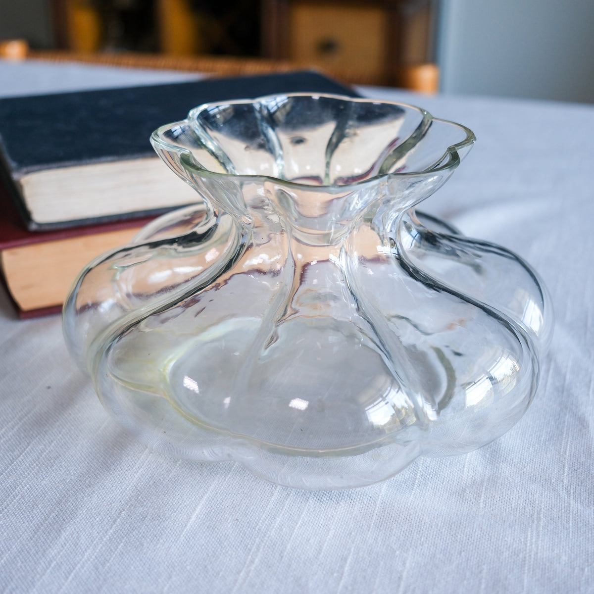 Vintage Clear Hand-Blown Glass Vase Lobed Body Scalloped Rim