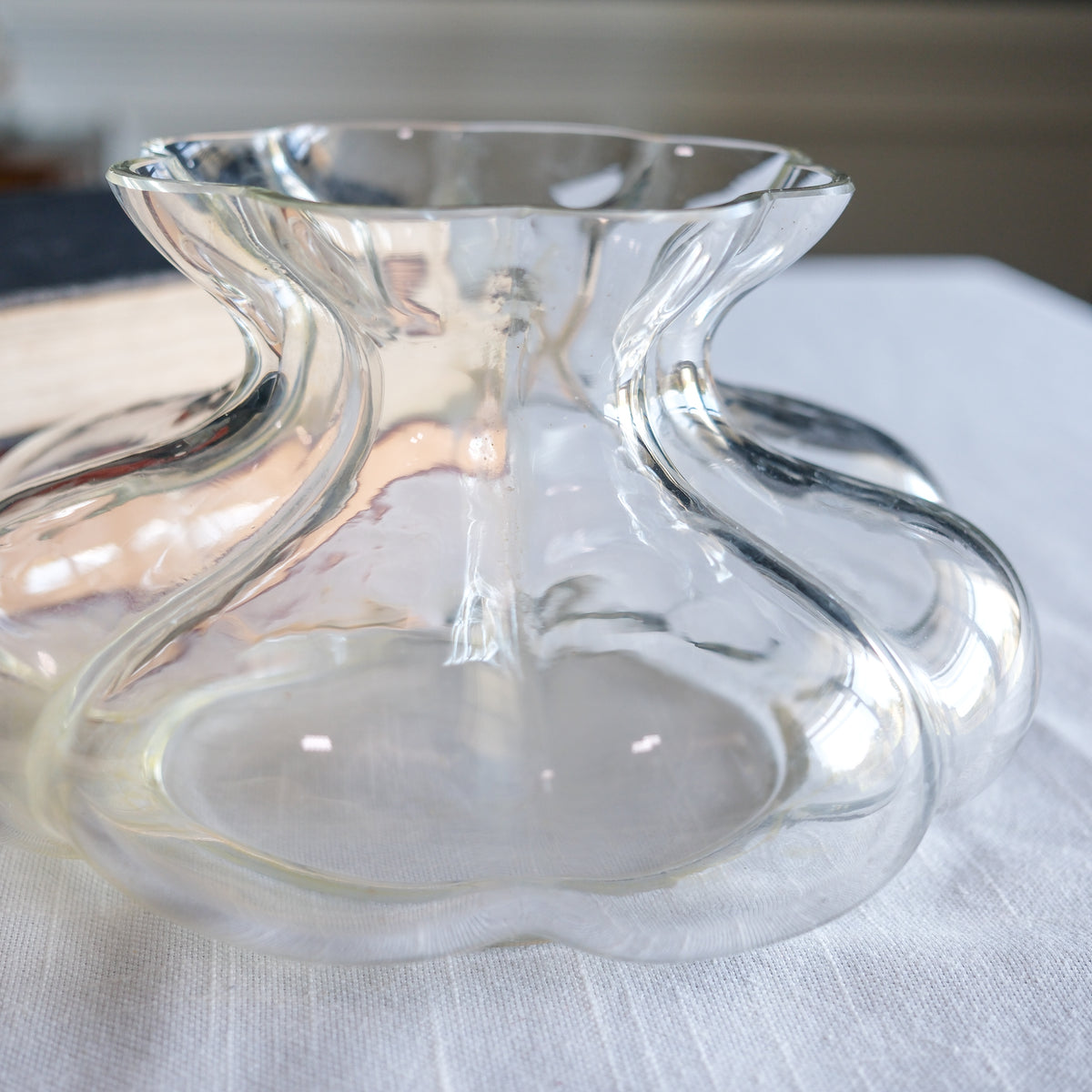 Vintage Clear Hand-Blown Glass Vase Lobed Body Scalloped Rim