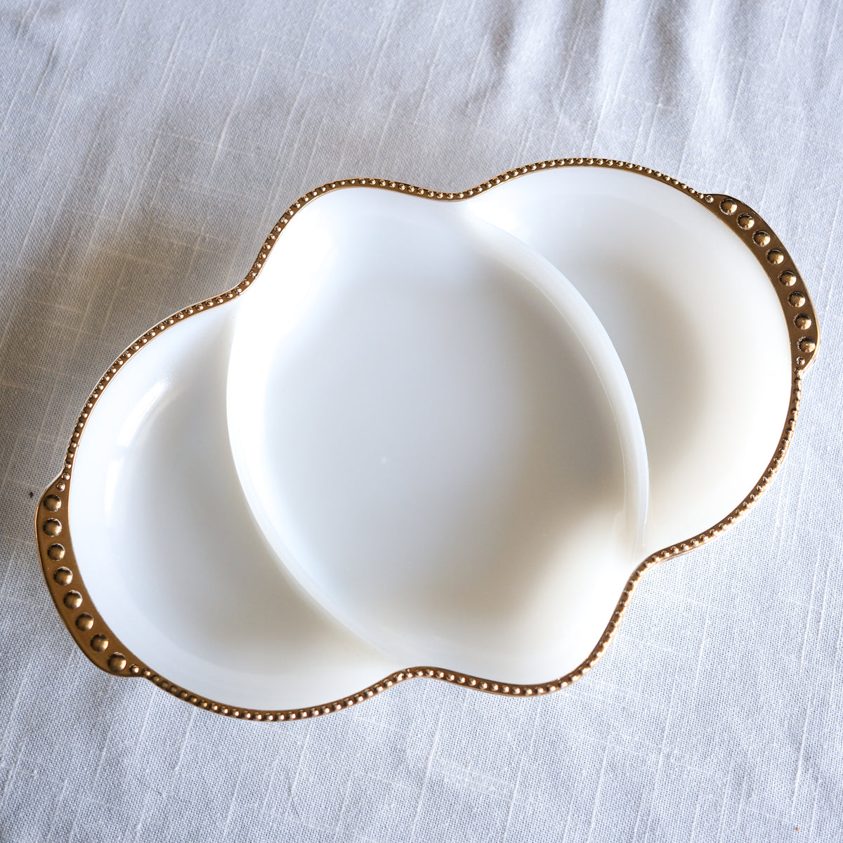 Vintage Anchor Hocking Fire-King Milk Glass Divided Relish Tray with Gold Beaded Rim
