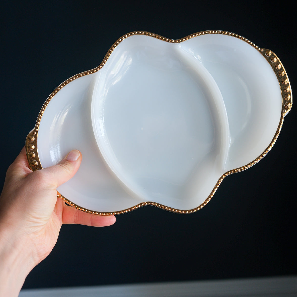 Vintage Anchor Hocking Fire-King Milk Glass Divided Relish Tray with Gold Beaded Rim