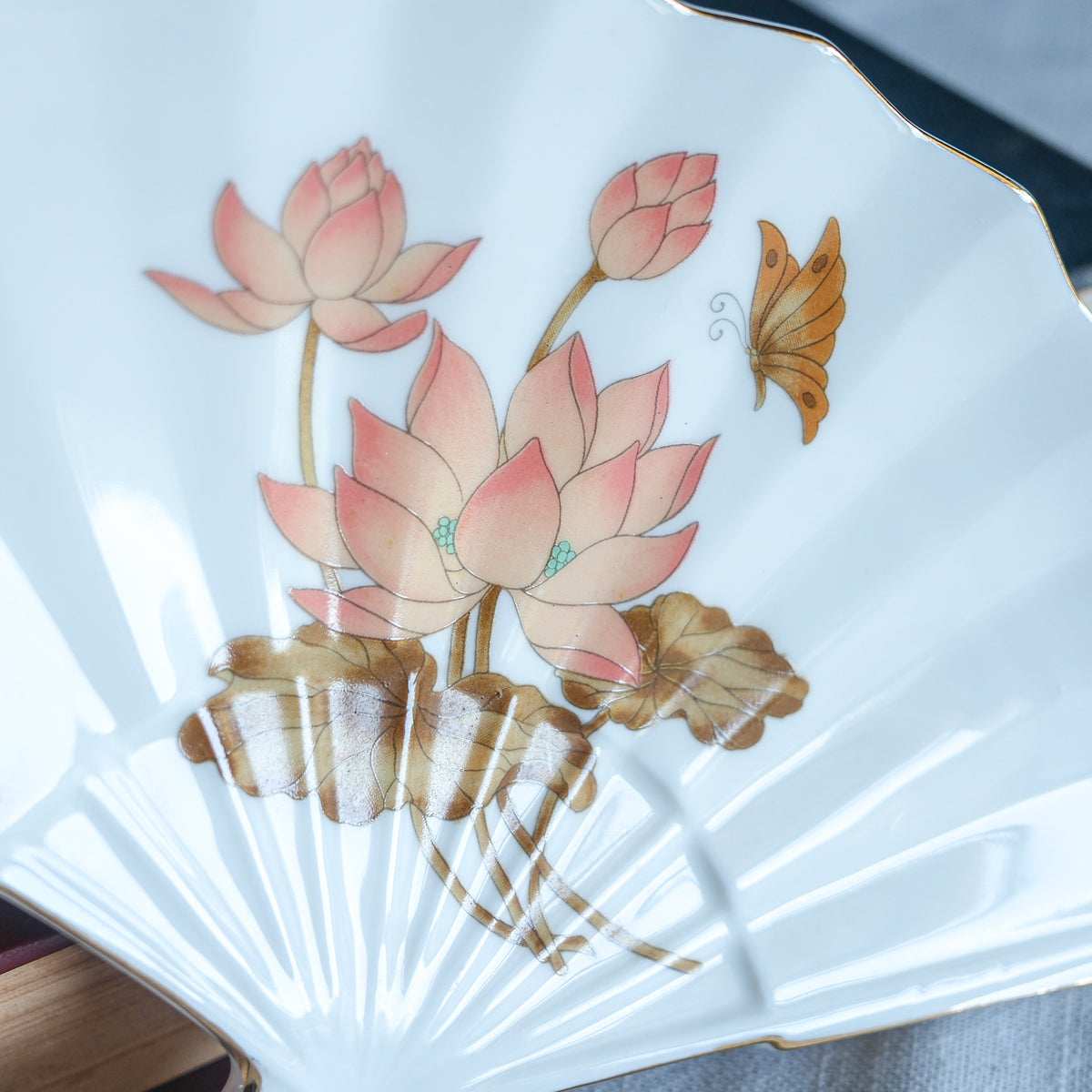 Vintage Japanese White Porcelain Fan-Shaped Trinket Dish Lotus & Butterfly with Gold Trim