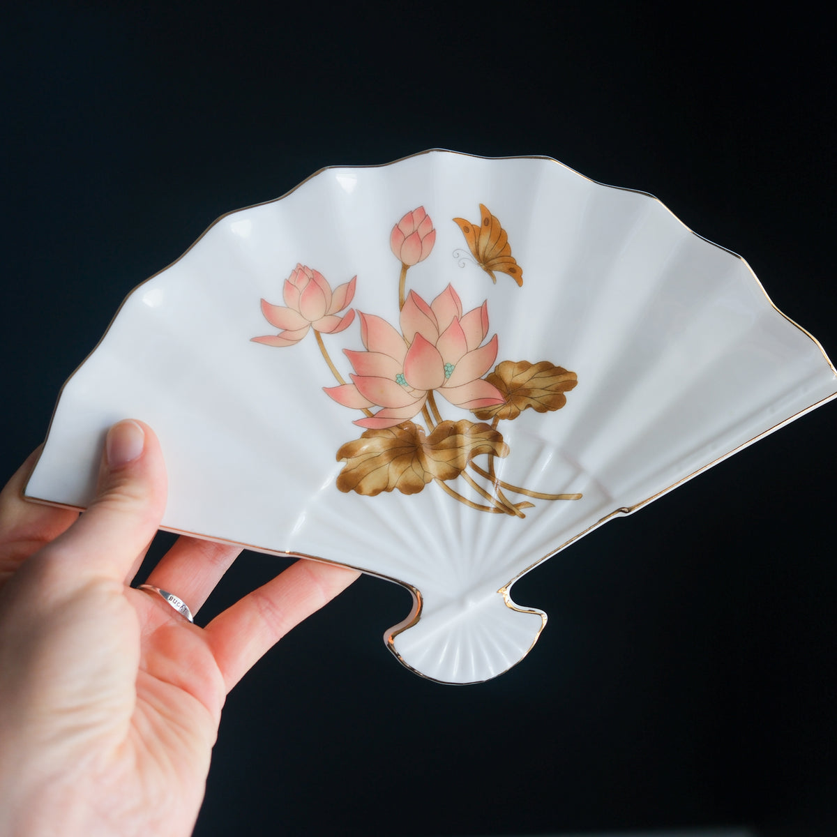 Vintage Japanese White Porcelain Fan-Shaped Trinket Dish Lotus & Butterfly with Gold Trim