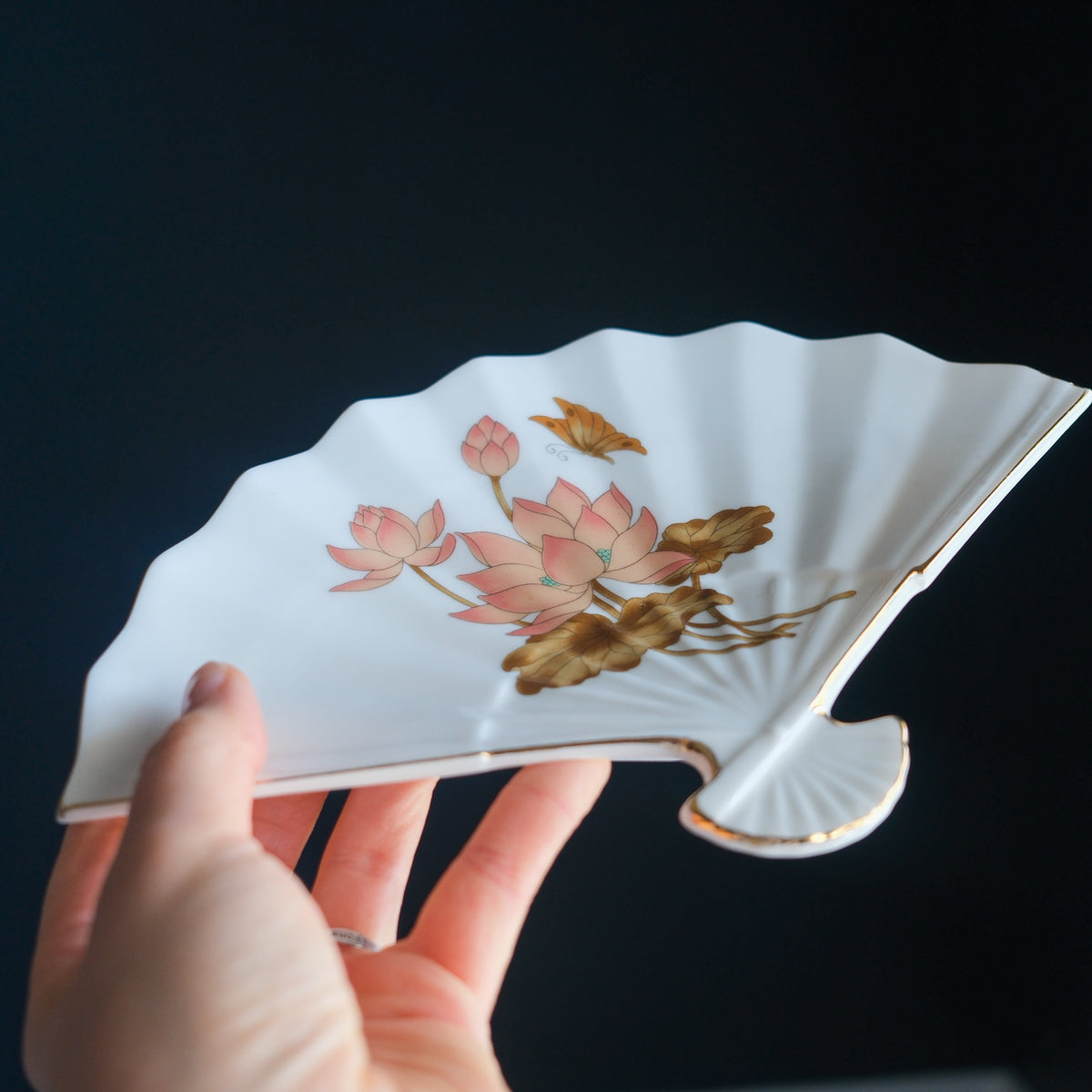 Vintage Japanese White Porcelain Fan-Shaped Trinket Dish Lotus & Butterfly with Gold Trim