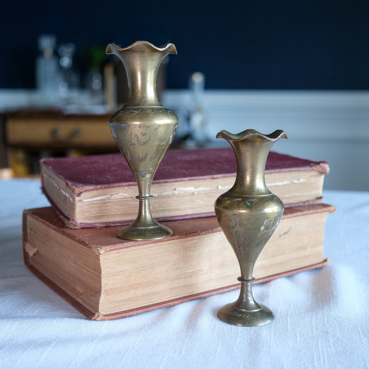 Pair of Mid Century Modern Solid Brass Bud Vase Petite Candle Stick on Pedestal Hand-Etched Design (Set of 2)