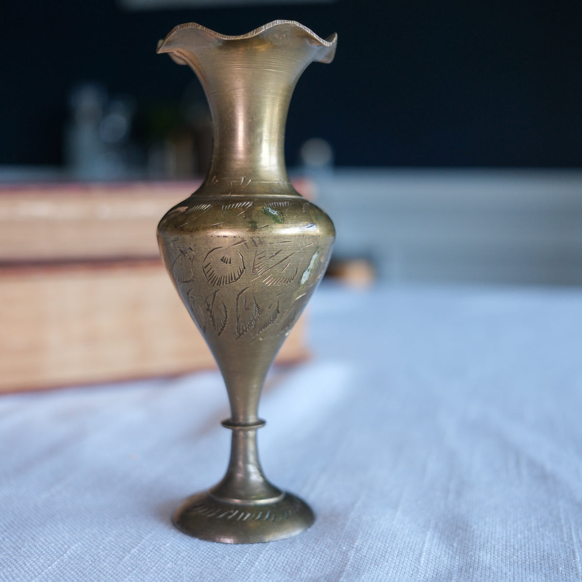 Pair of Mid Century Modern Solid Brass Bud Vase Petite Candle Stick on Pedestal Hand-Etched Design (Set of 2)
