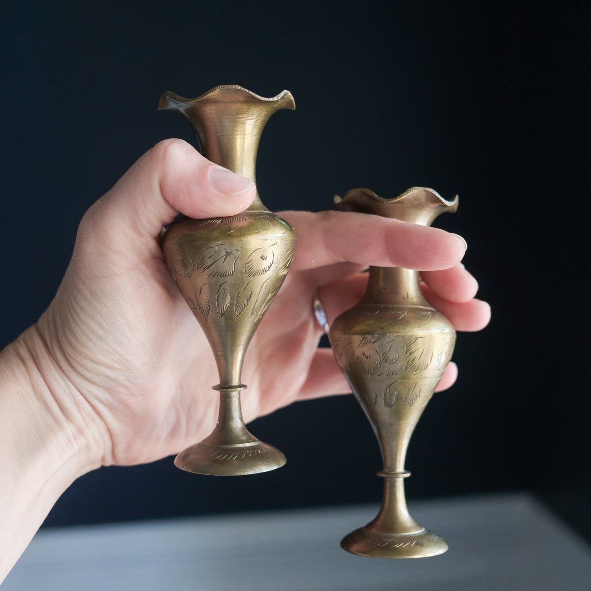 Pair of Mid Century Modern Solid Brass Bud Vase Petite Candle Stick on Pedestal Hand-Etched Design (Set of 2)