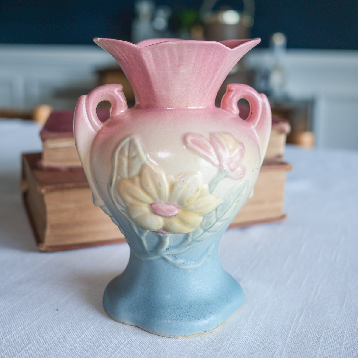 1940s Hull Petite Vase Pastel Pink Yellow Blue Magnolia Embossed Floral Design Double Handle