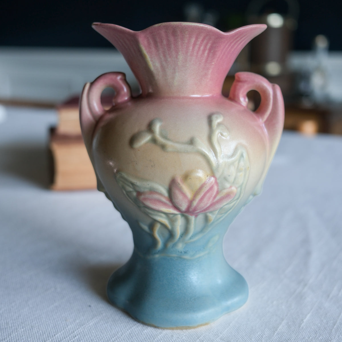 1940s Hull Petite Vase Pastel Pink Yellow Blue Magnolia Embossed Floral Design Double Handle