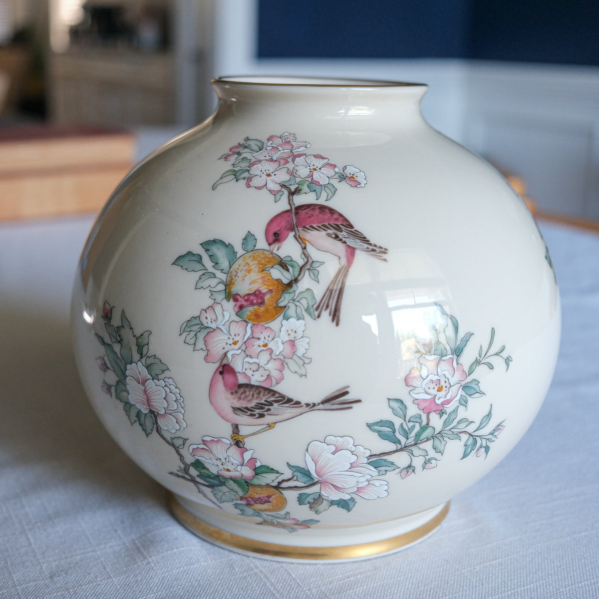 Vintage Lenox Serenade Globe Vase 24k Gold Trim Pink Ivory Birds Floral