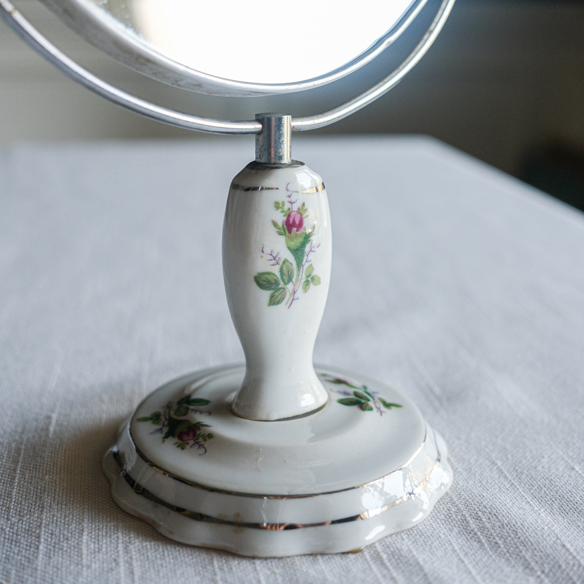Vintage Porcelain Standing Swivel Vanity Mirror on Pedestal Pink Rose Floral Design Silver Trim