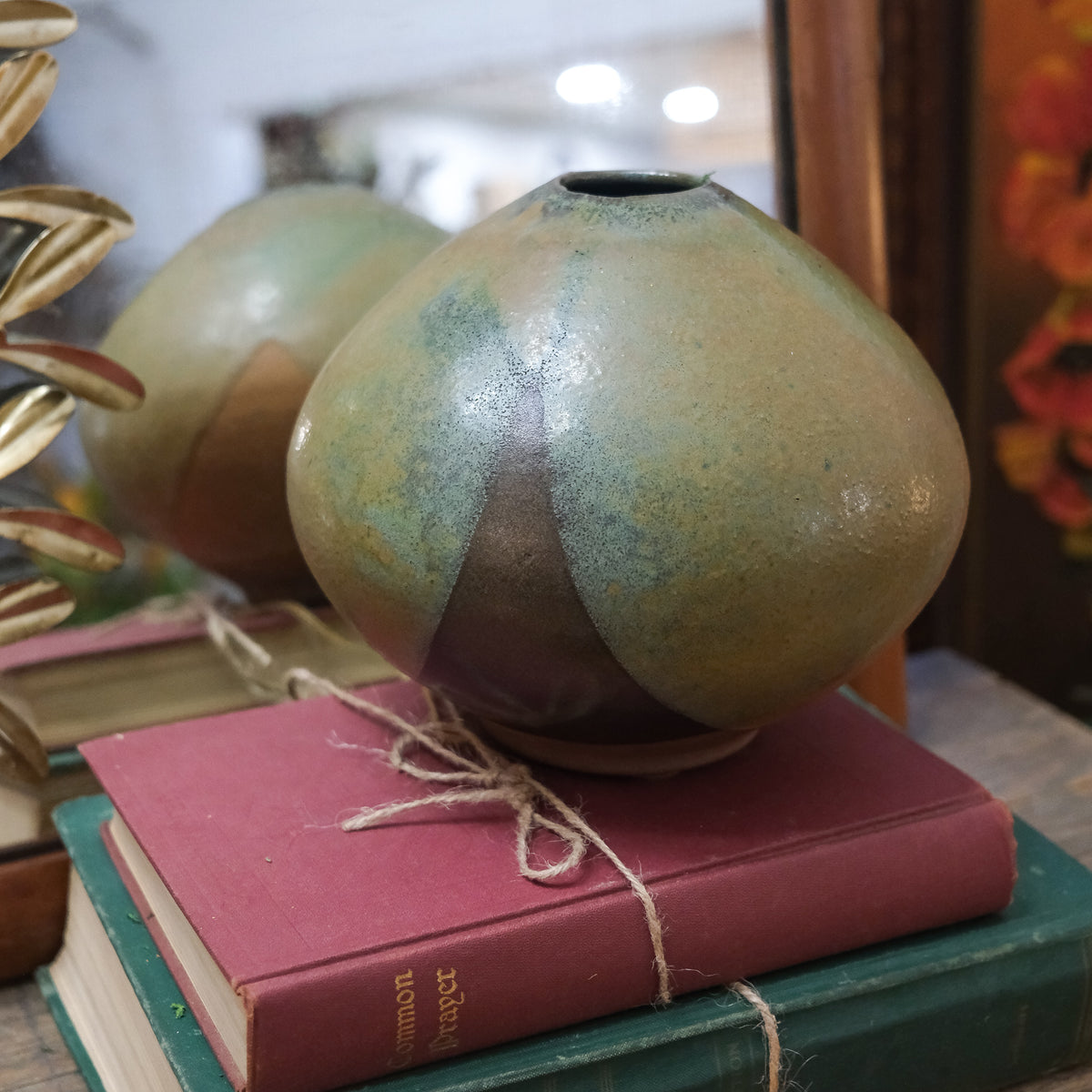 Round Glazed Pottery Vessel Green Brown Vase