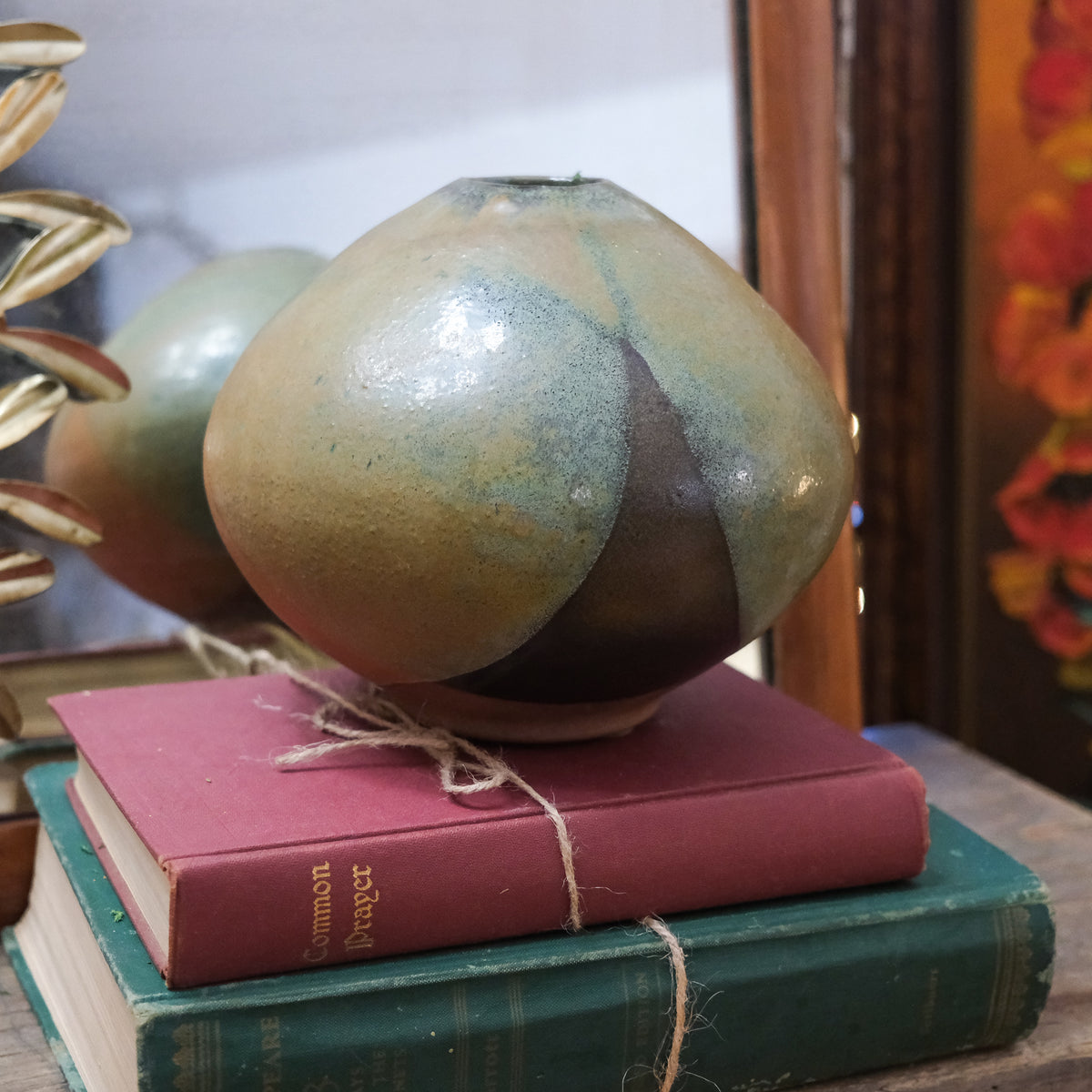 Round Glazed Pottery Vessel Green Brown Vase