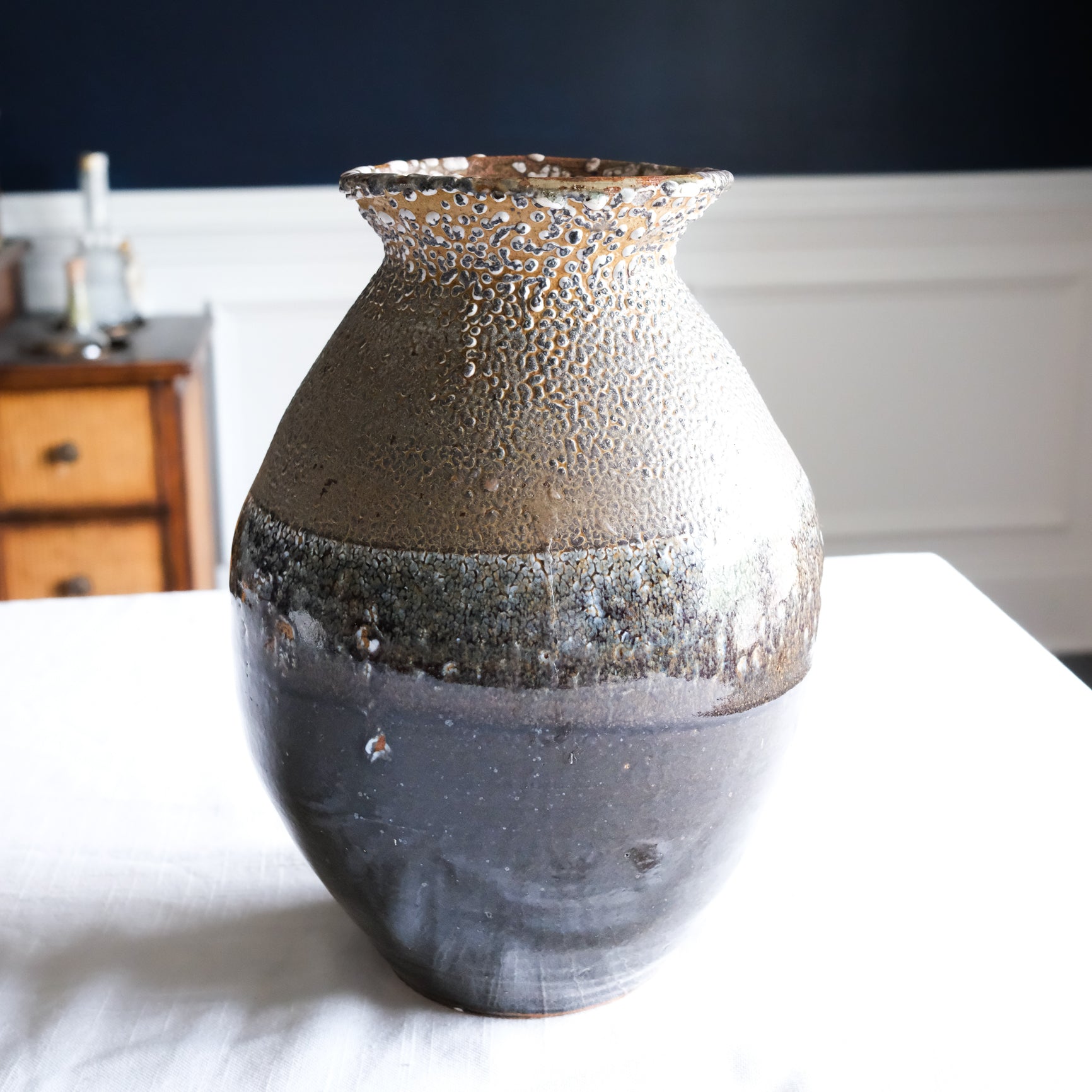 Signed Vintage Two-Toned Pottery Vase Large Stone Brown Black Grey