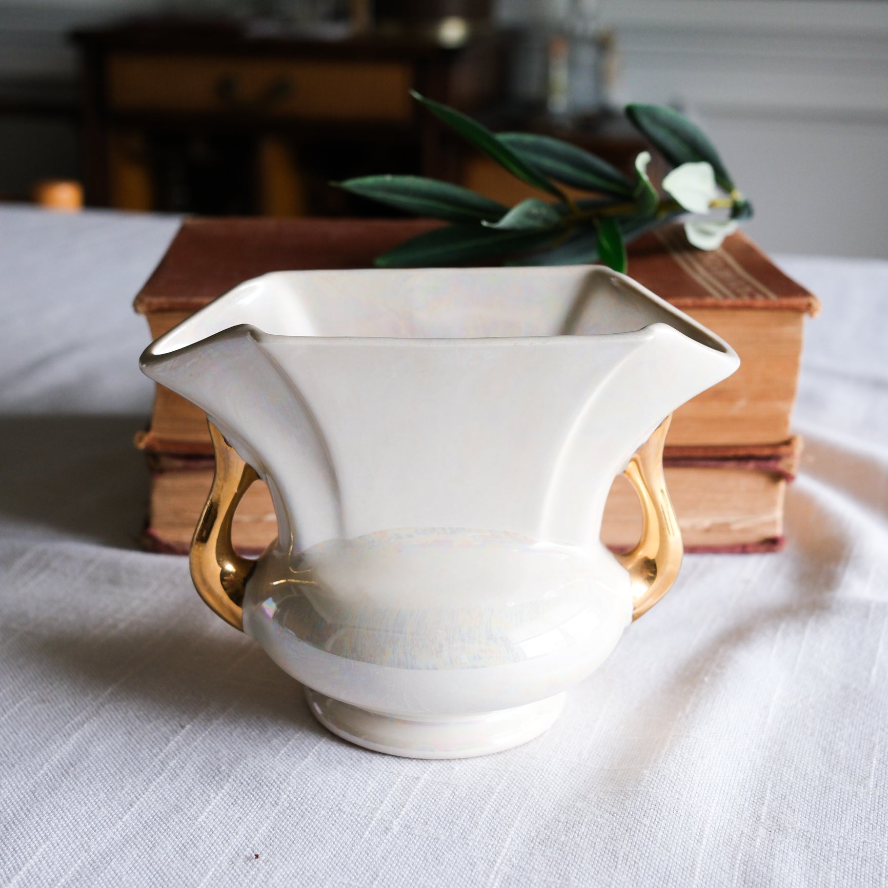 Vintage Petite Iridescent Pearl Glazed Elongated Vase with Gold Handles