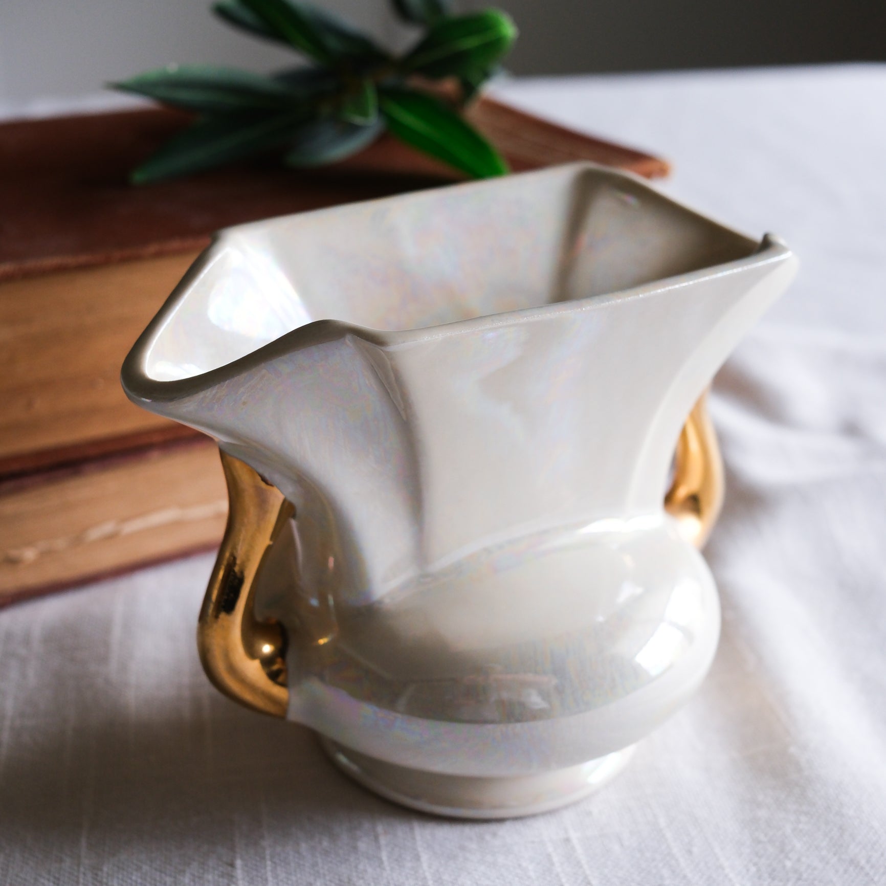 Vintage Petite Iridescent Pearl Glazed Elongated Vase with Gold Handles