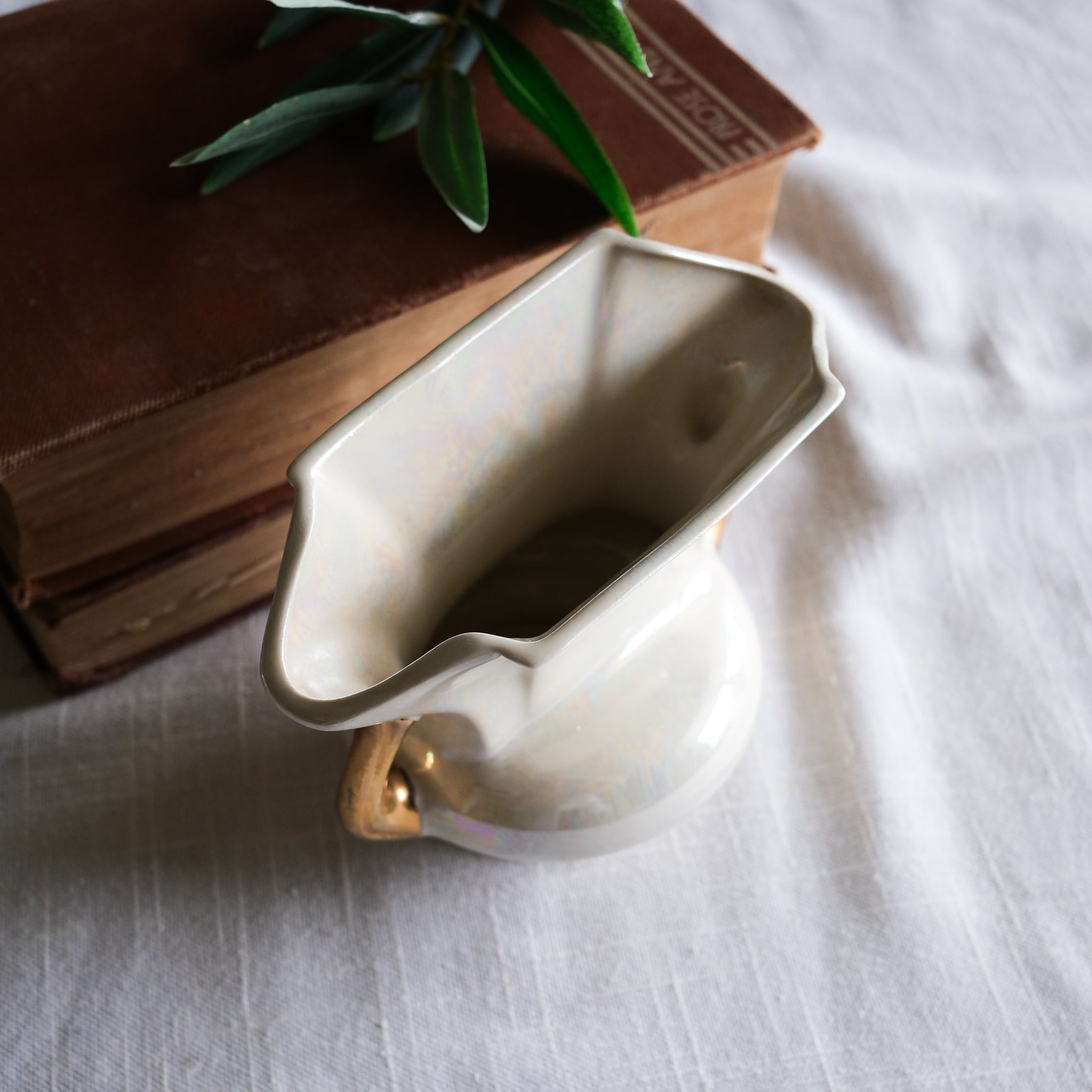 Vintage Petite Iridescent Pearl Glazed Elongated Vase with Gold Handles