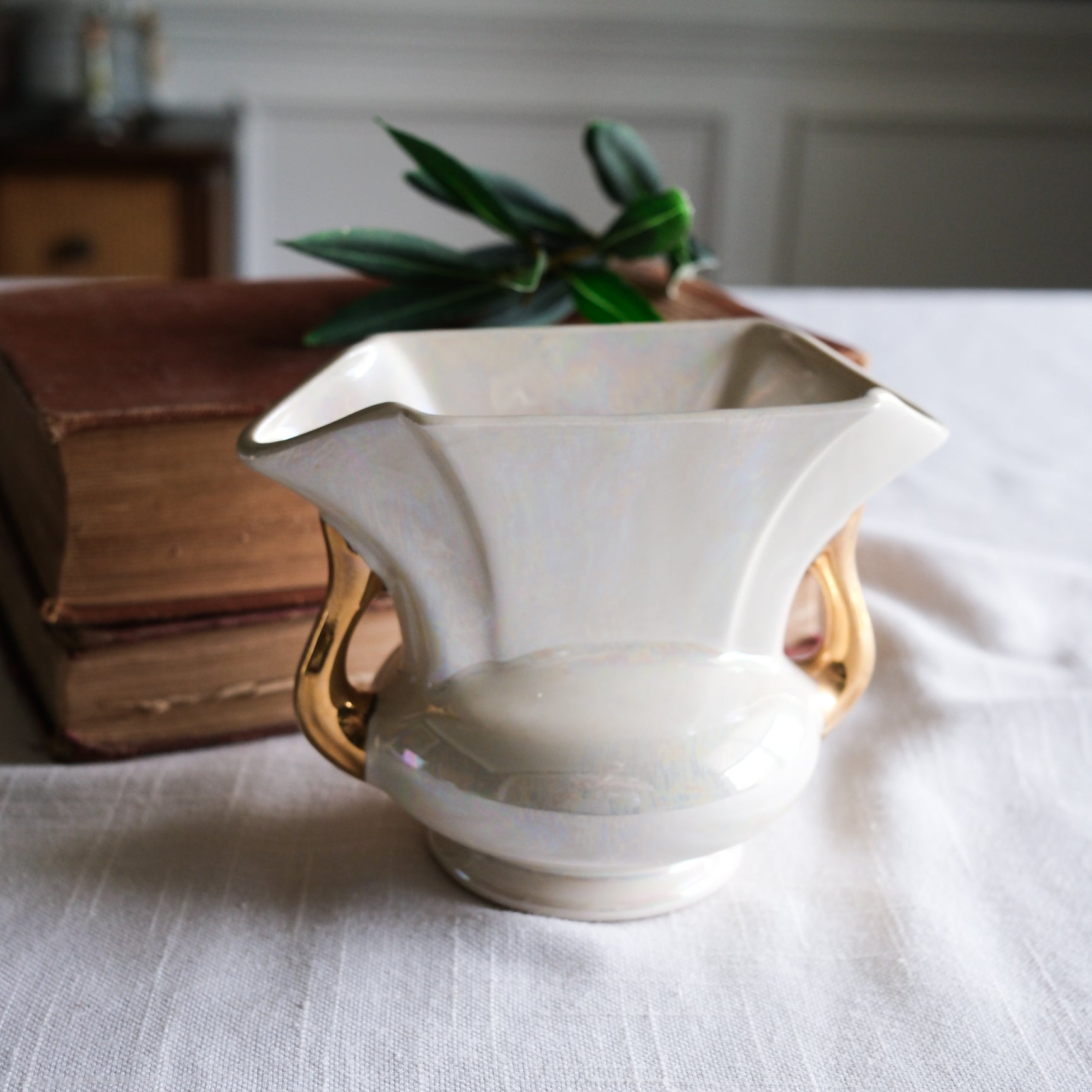 Vintage Petite Iridescent Pearl Glazed Elongated Vase with Gold Handles