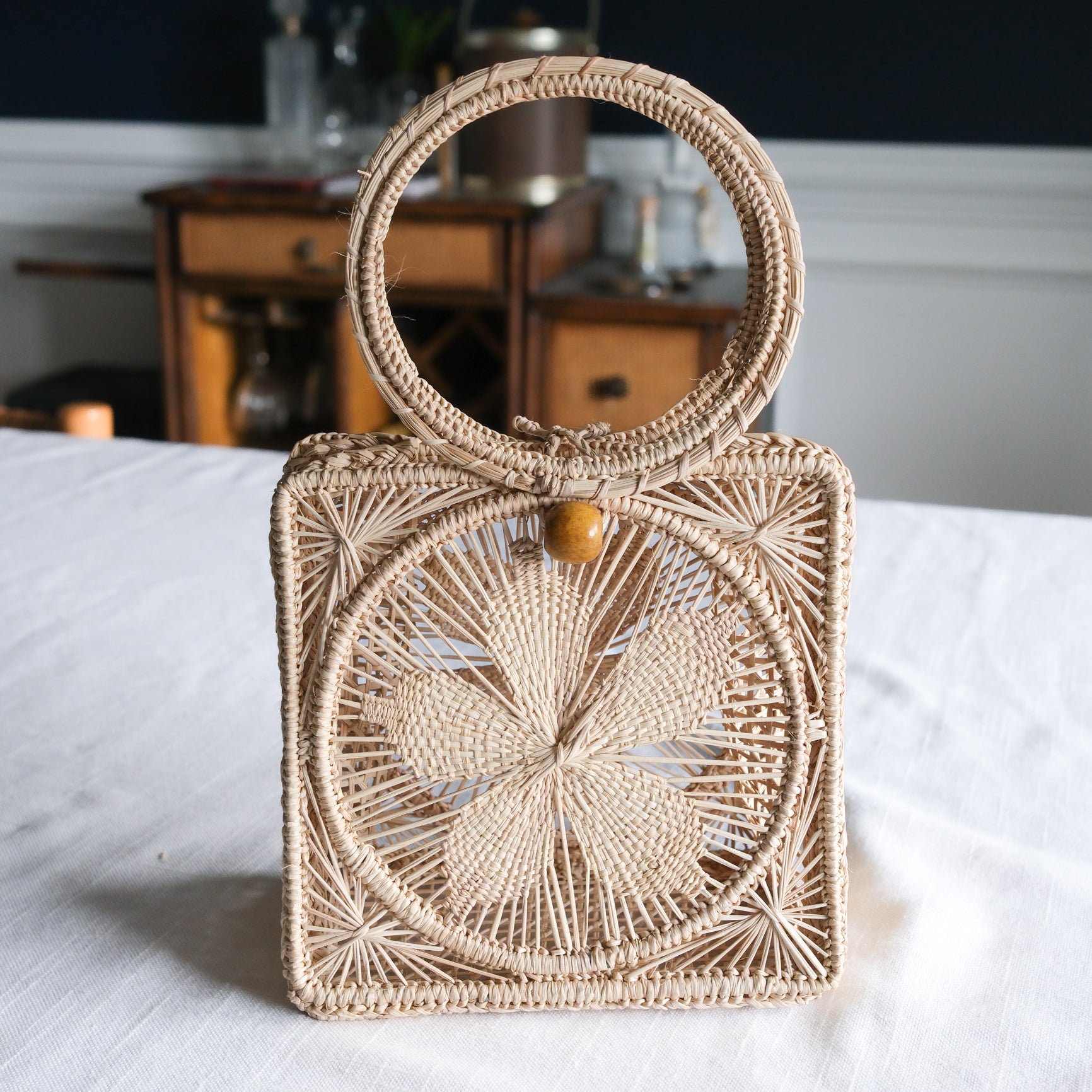 Handmade Natural Straw Petite Floral Purse with Circle Handle