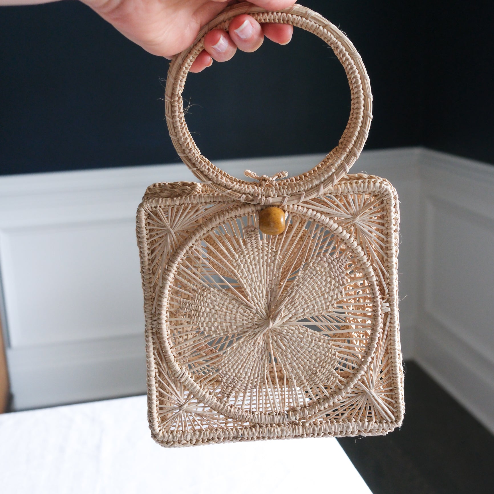 Handmade Natural Straw Petite Floral Purse with Circle Handle