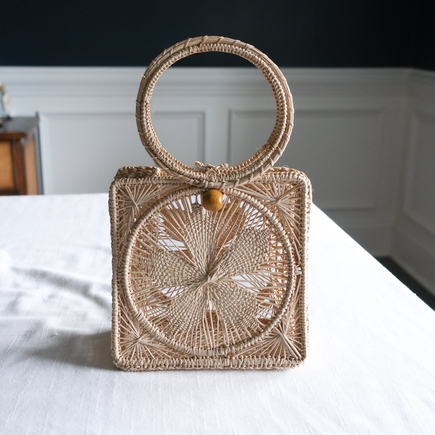 Handmade Natural Straw Petite Floral Purse with Circle Handle