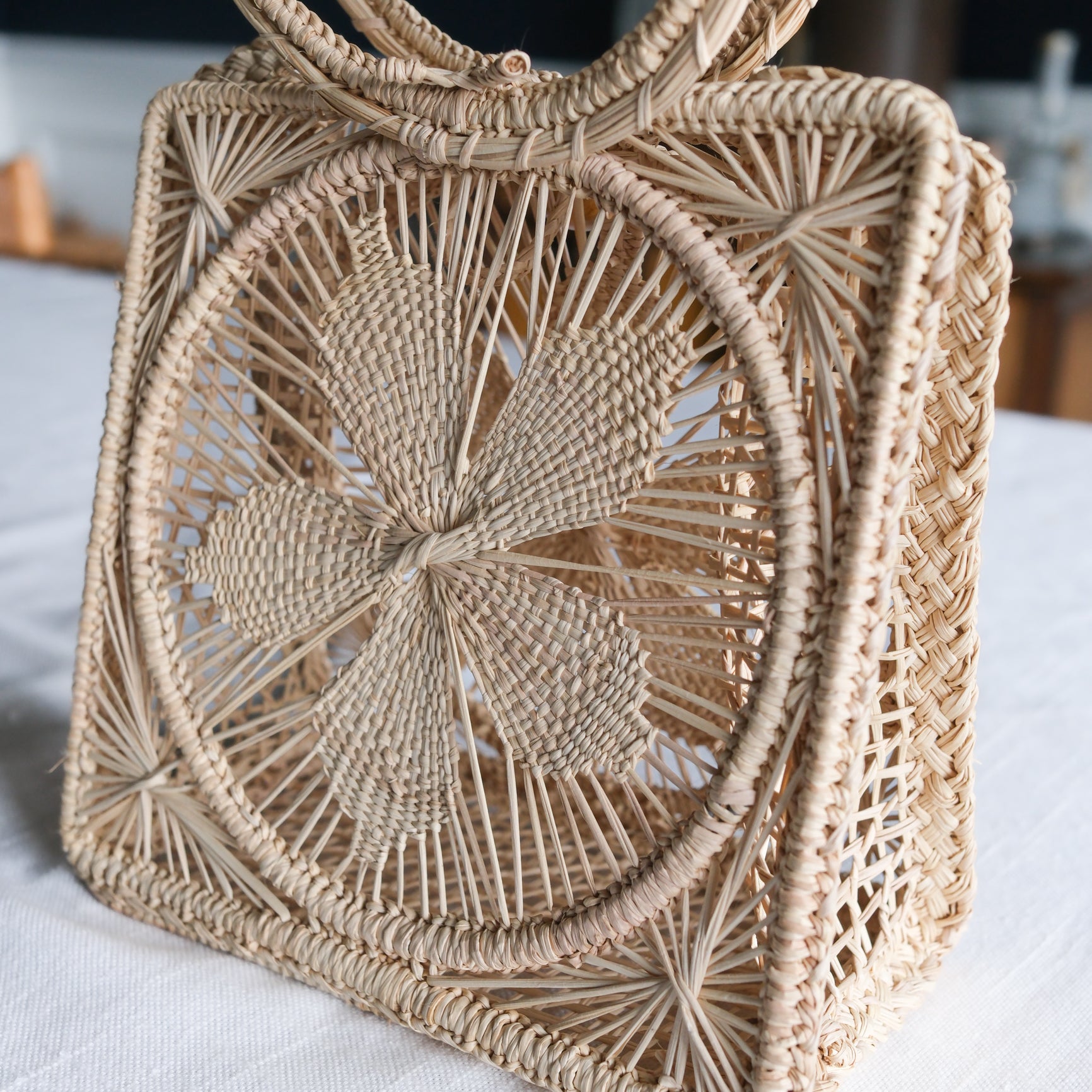 Handmade Natural Straw Petite Floral Purse with Circle Handle