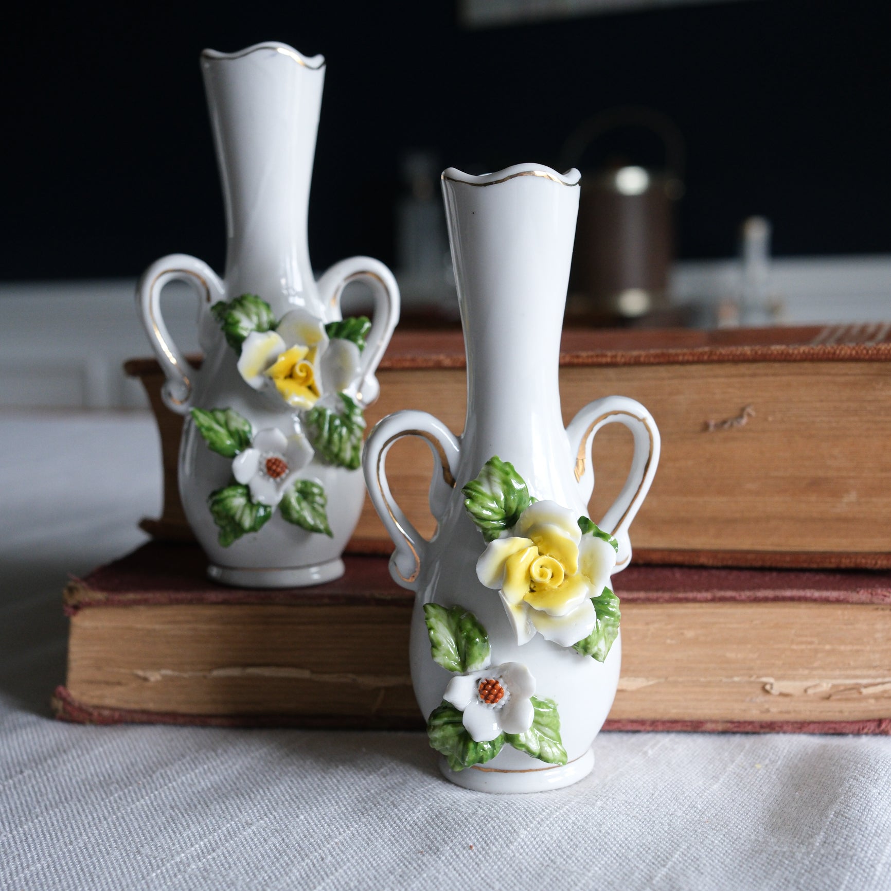 Vintage Petite White Ceramic Floral Bud Vase with Gold Detailing Yellow Green