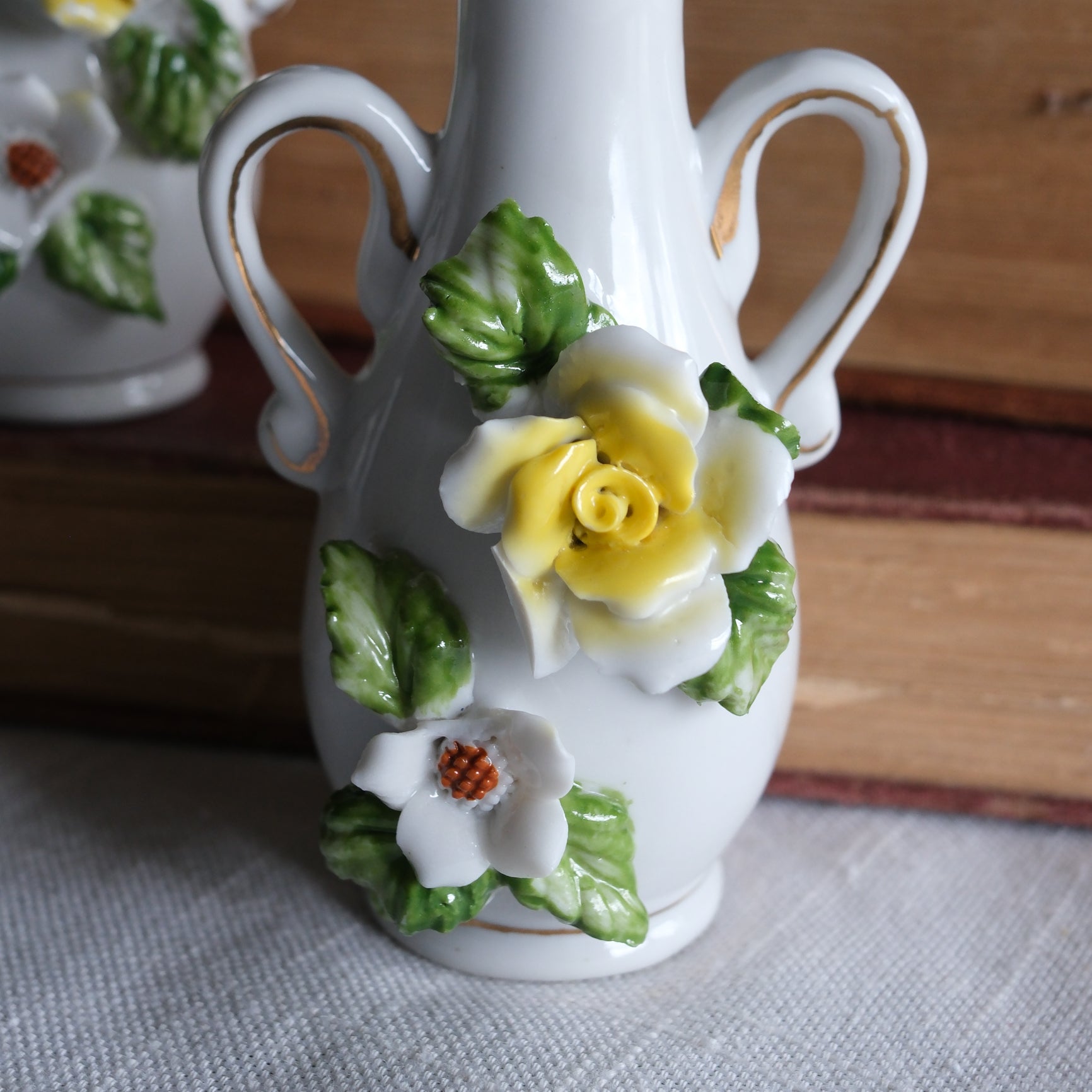 Vintage Petite White Ceramic Floral Bud Vase with Gold Detailing Yellow Green