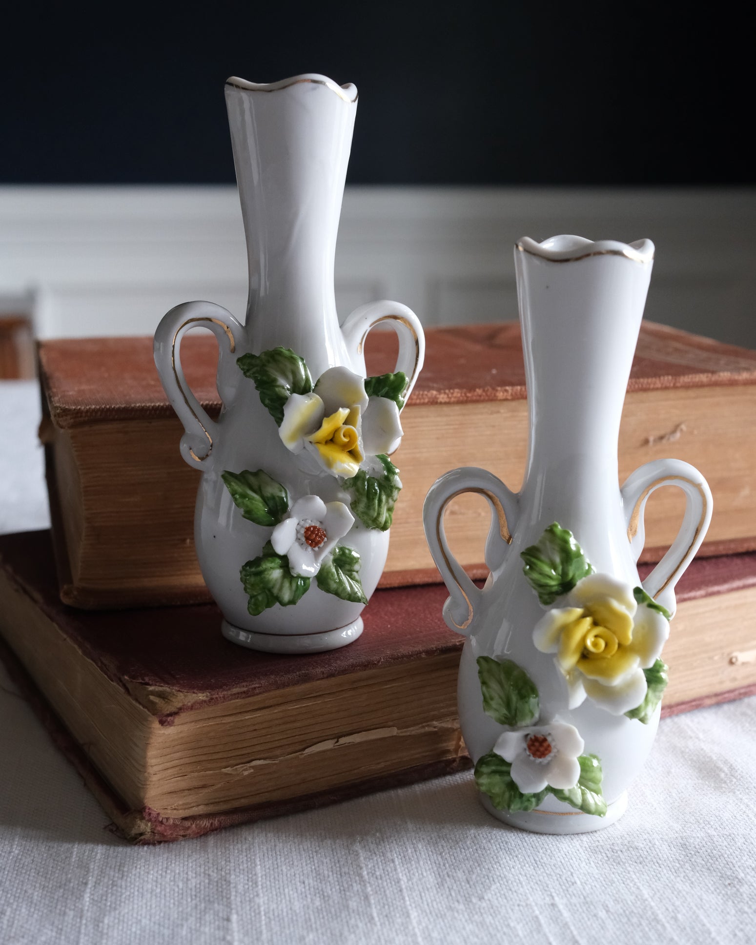 Vintage Petite White Ceramic Floral Bud Vase with Gold Detailing Yellow Green