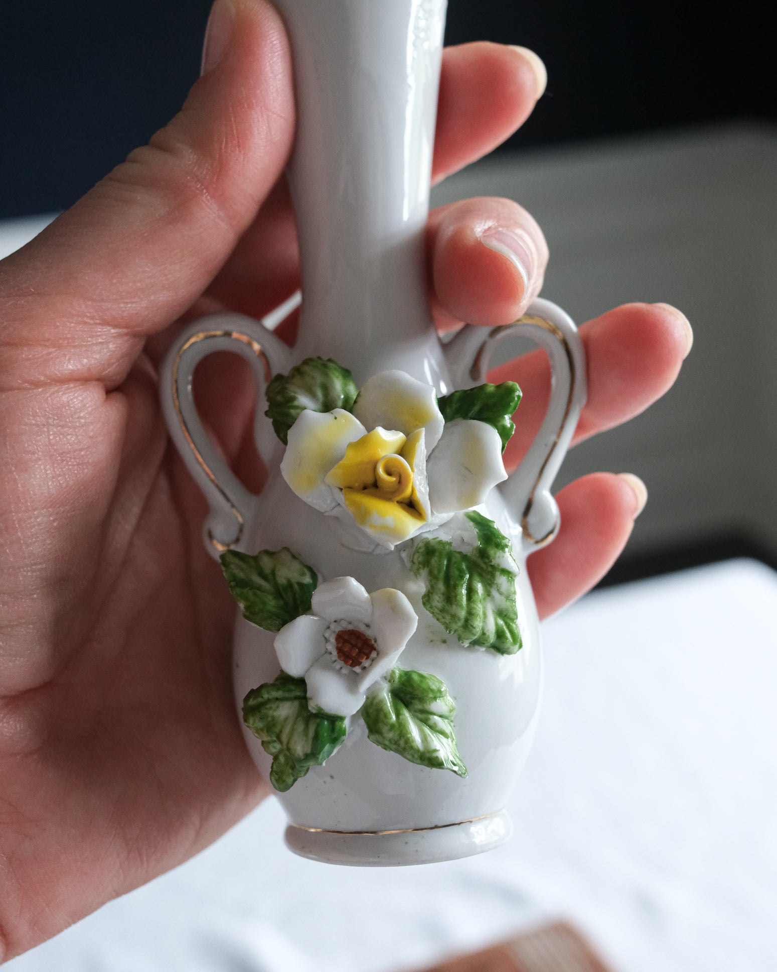 Vintage Petite White Ceramic Floral Bud Vase with Gold Detailing Yellow Green