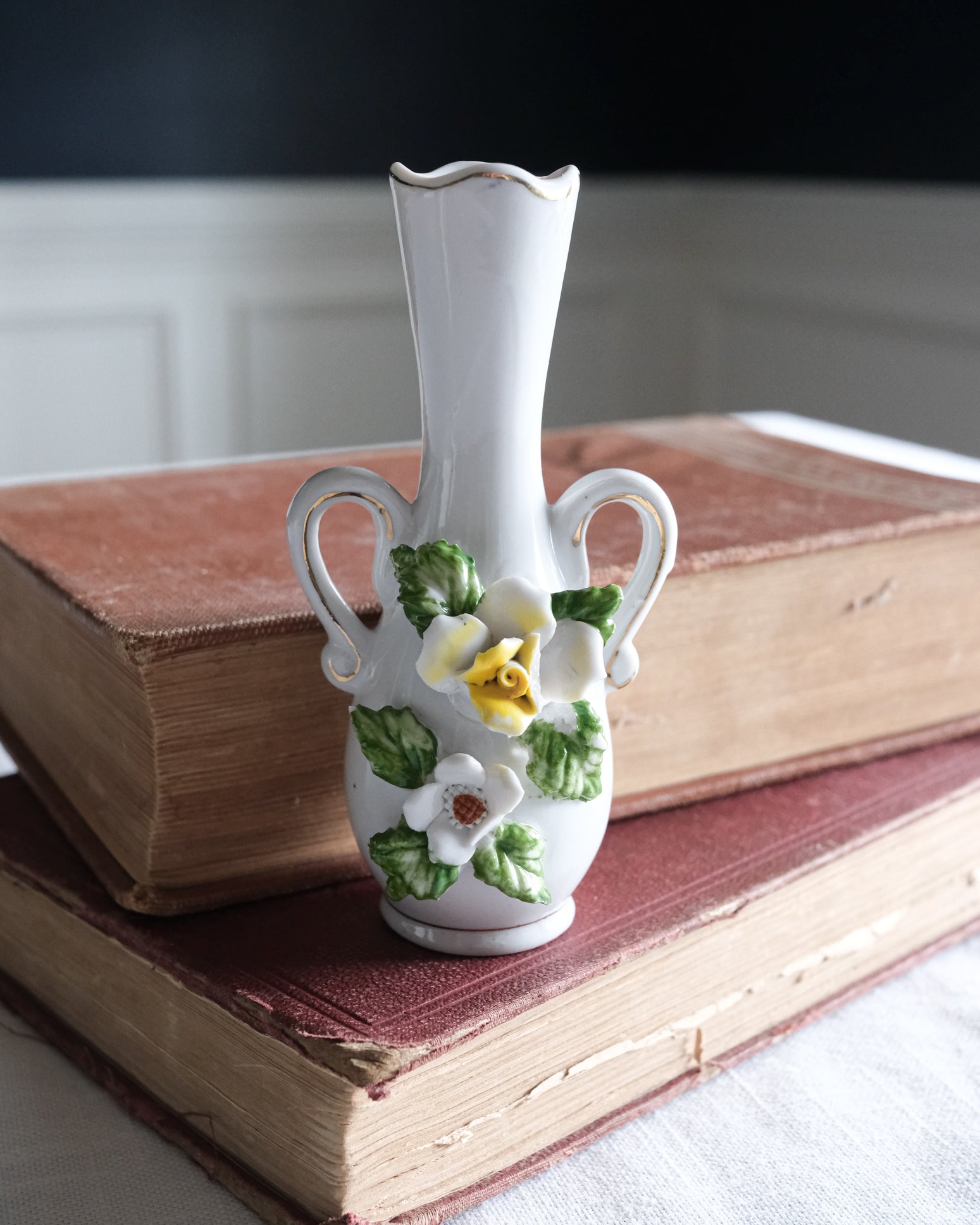 Vintage Petite White Ceramic Floral Bud Vase with Gold Detailing Yellow Green