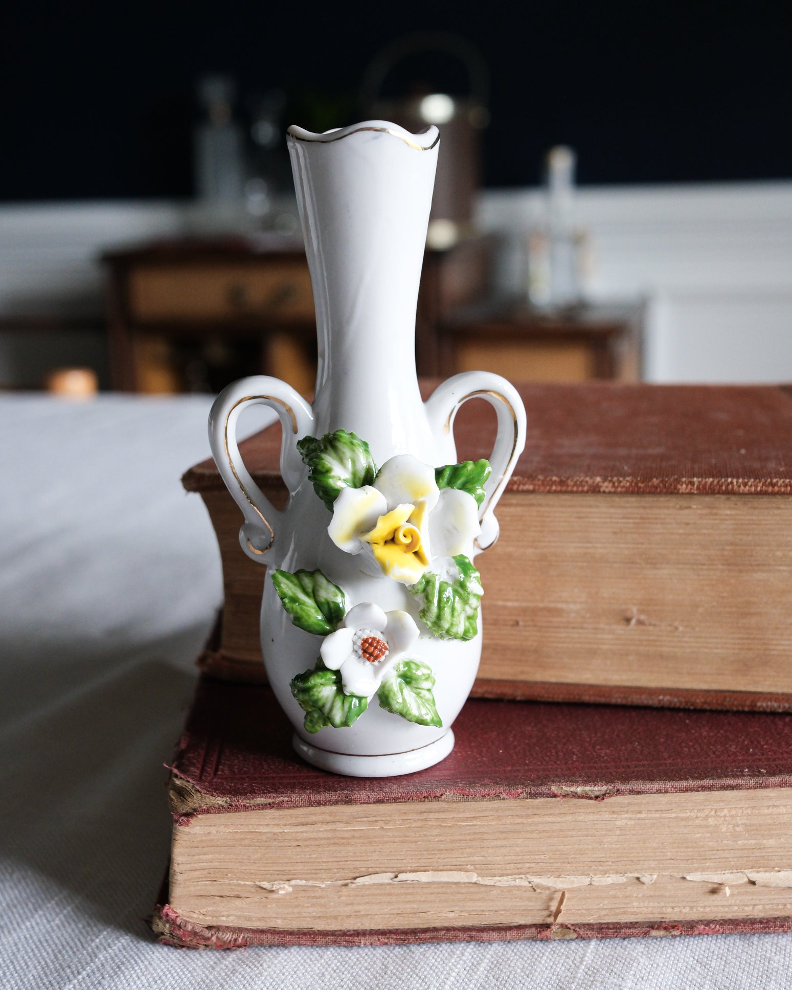 Vintage Petite White Ceramic Floral Bud Vase with Gold Detailing Yellow Green
