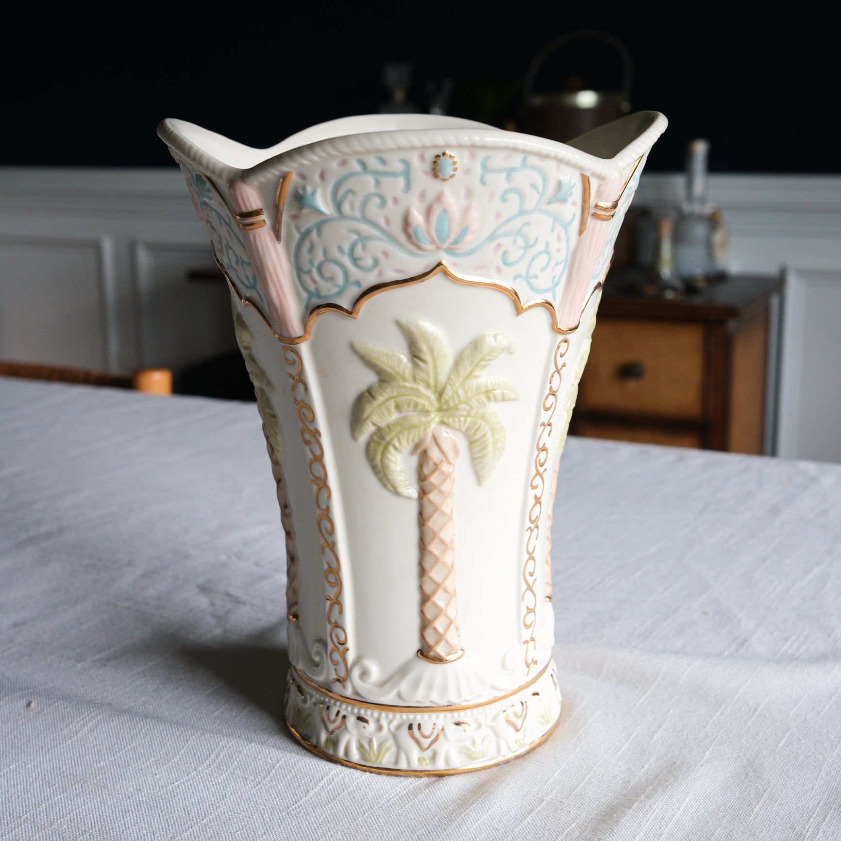 Colonial Elegance Painted Ceramic Lenox Vase Large Palm Pastel and Gold