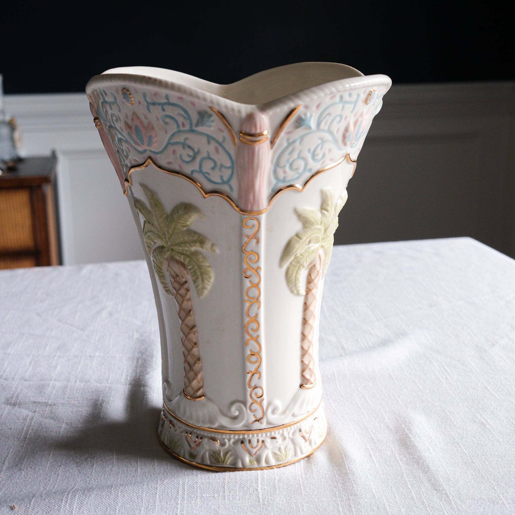 Colonial Elegance Painted Ceramic Lenox Vase Large Palm Pastel and Gold