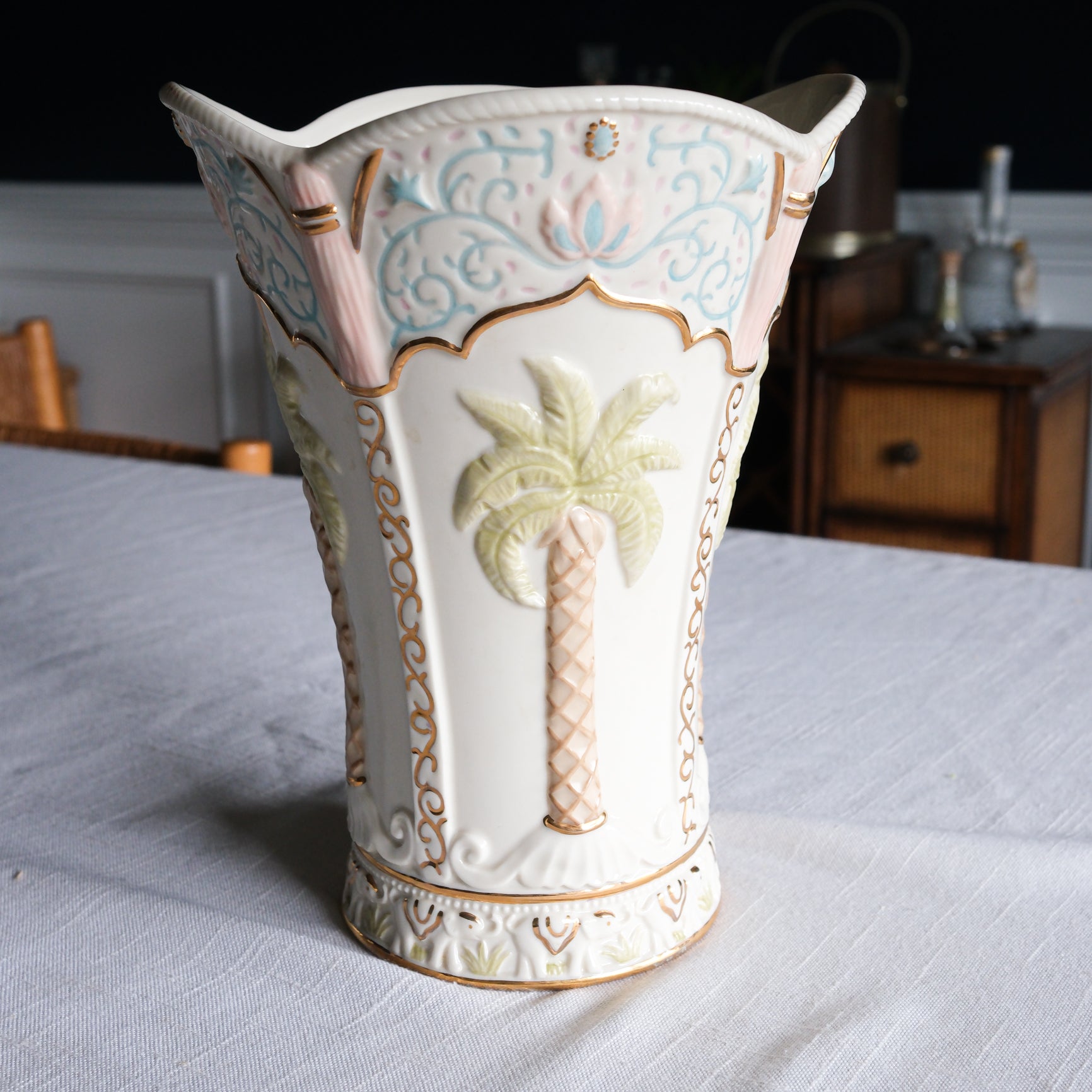 Colonial Elegance Painted Ceramic Lenox Vase Large Palm Pastel and Gold